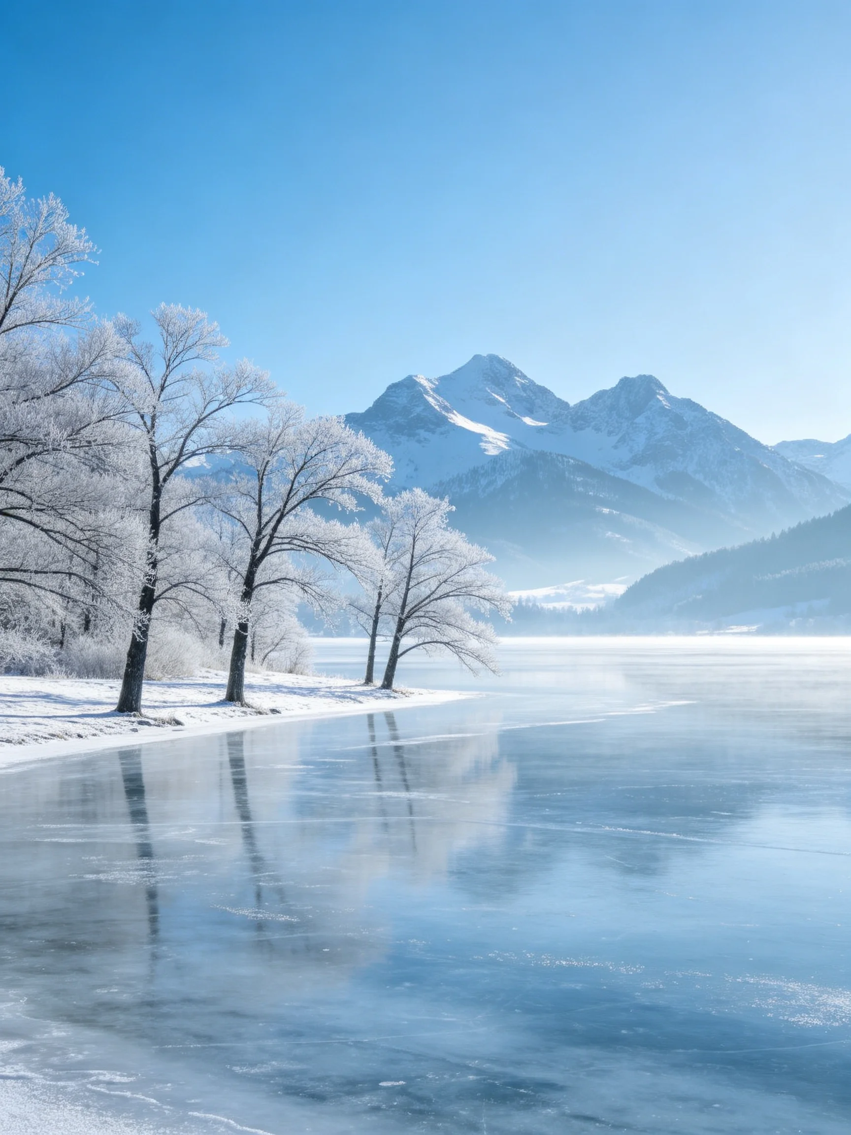 Frosty trees border a frozen lake with distant snowymountains under clear blue sky