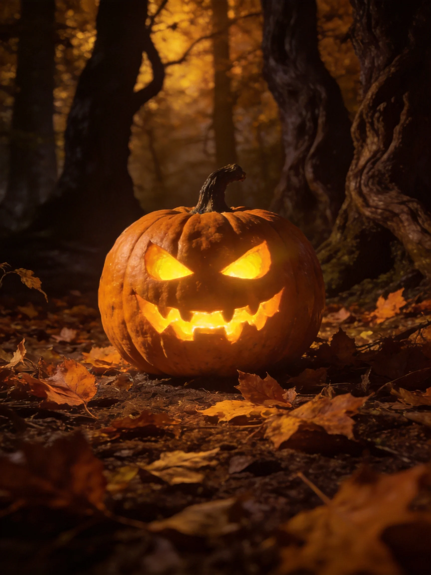 Glowing Jack-O-Lantern Among Autumn Leaves in Dark Forest