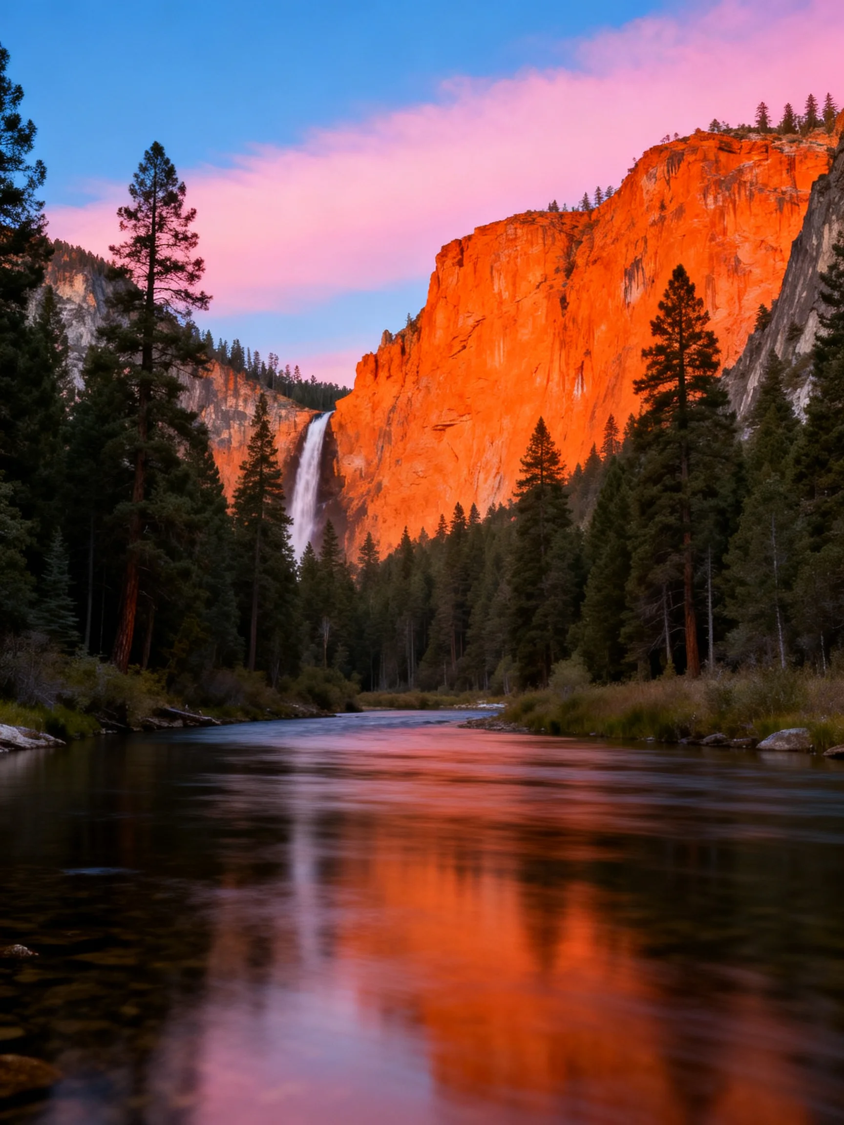 Glowing orange cliffs, waterfall, and forest reflected in a serene river at dusk.
