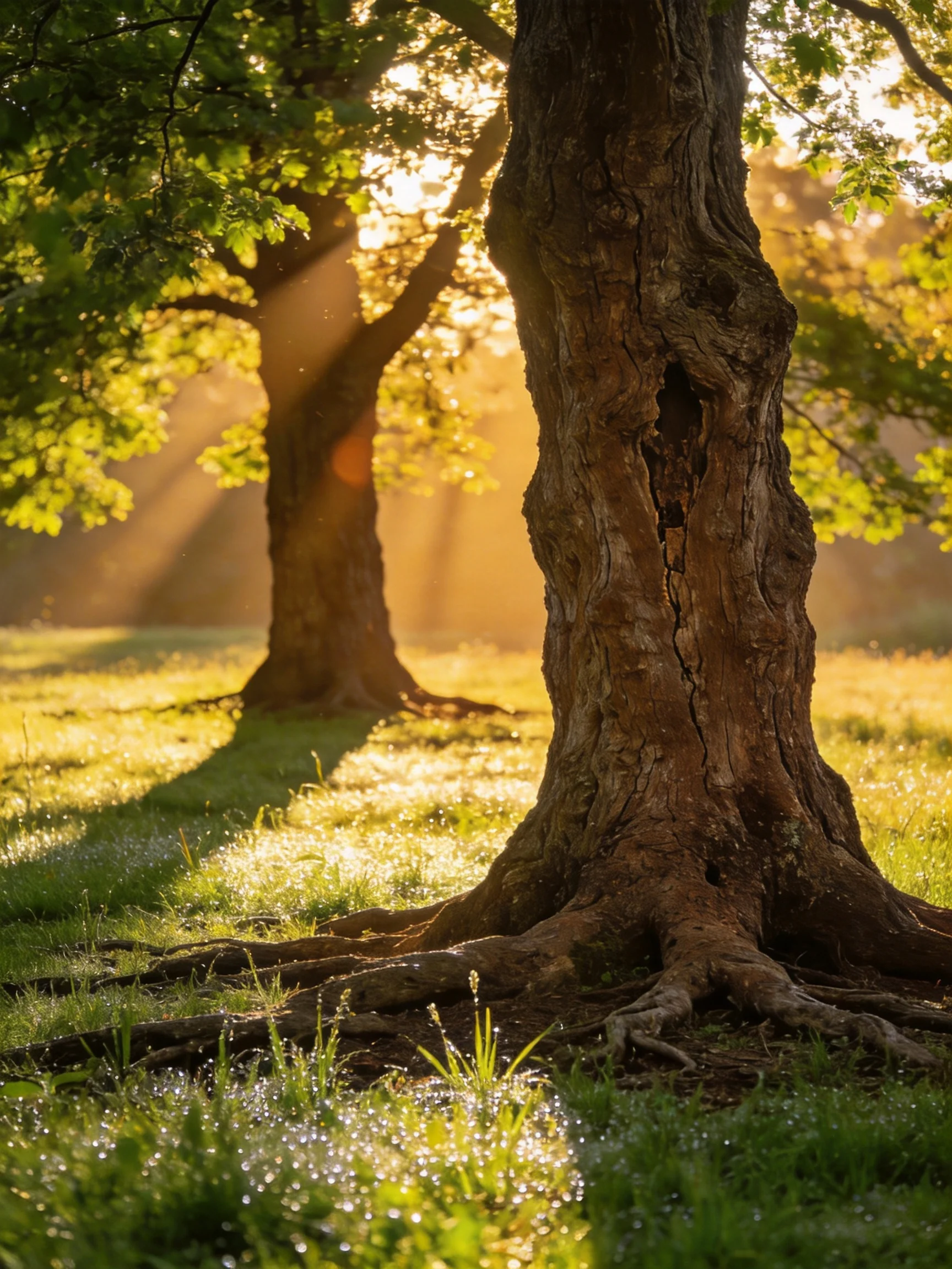 Gnarled ancient trees in a dewy green meadow under golden sunlight