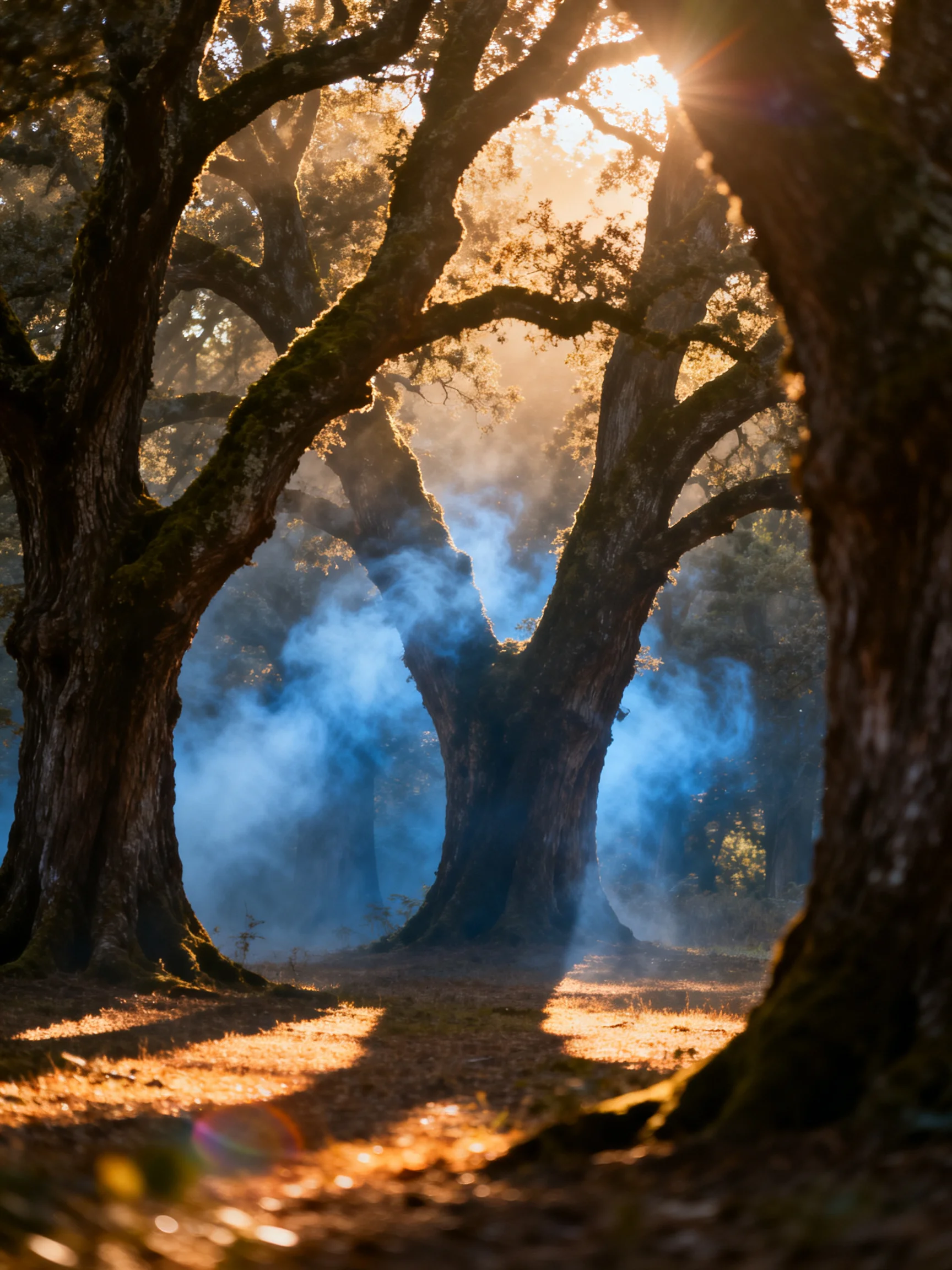 Gnarled ancient trees with blue mist amidst golden sunlight filtering through