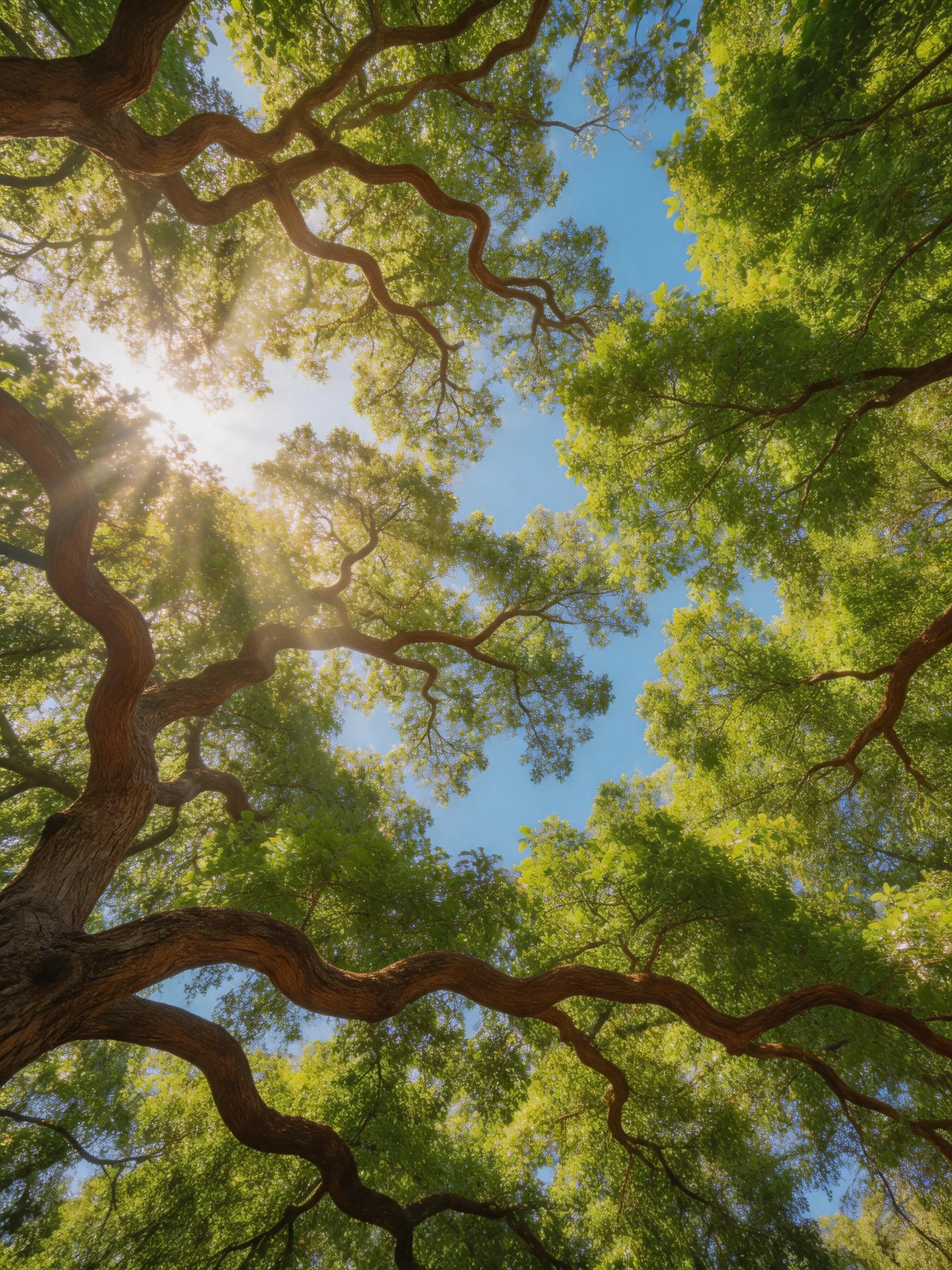 Gnarled brown tree branches frame vibrant green canopies under bright blue sky