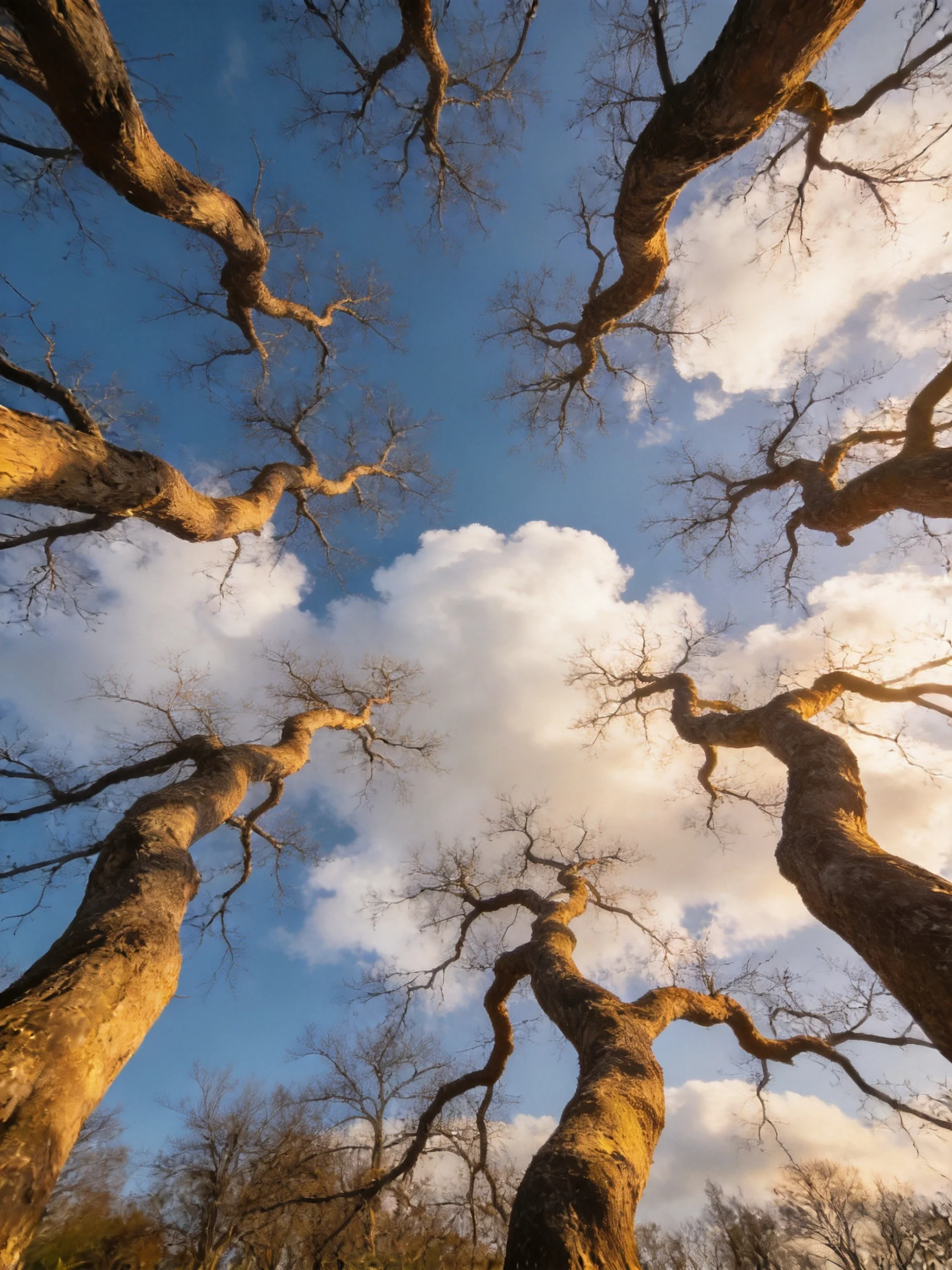 Gnarled brown tree trunks stretch toward a bright blue sky with white clouds