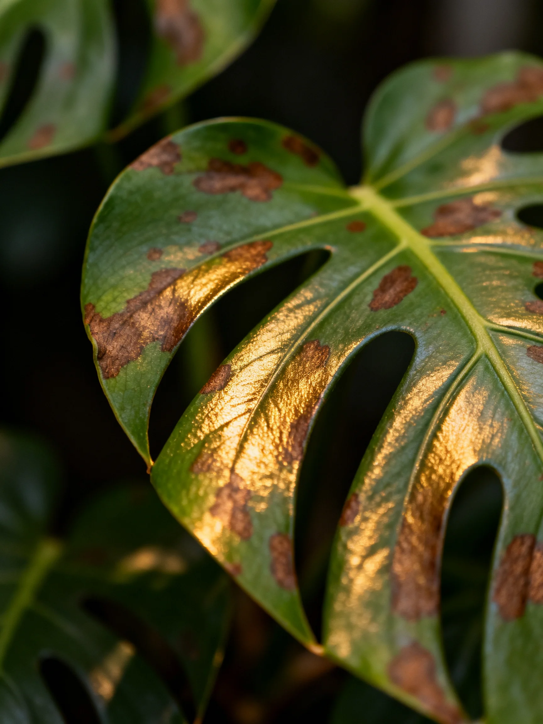 Golden - hued Monstera leaves with brown patches under soft lighting