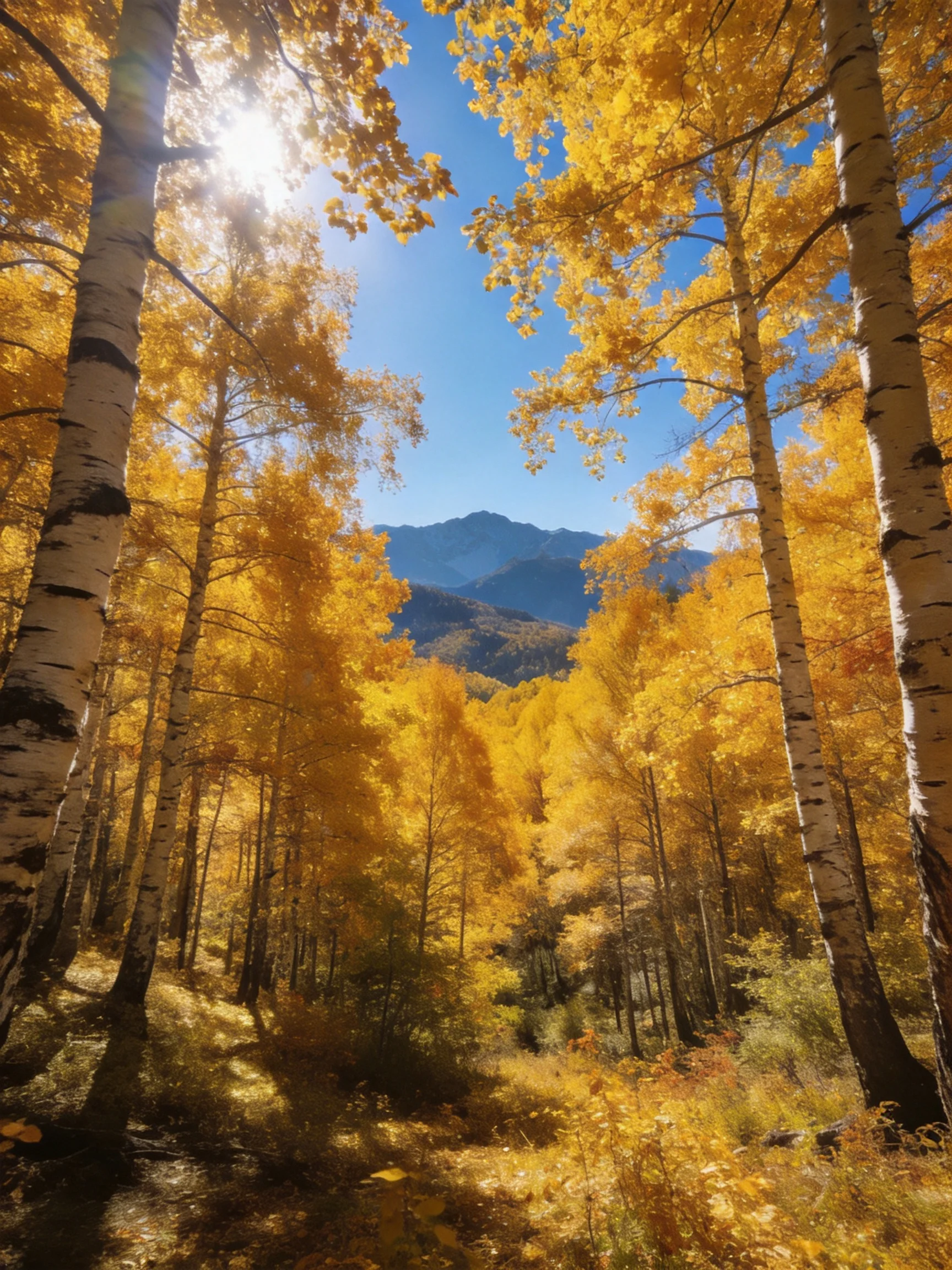 Golden Aspen Grove Under Sunny Skies with Mountain Backdrop