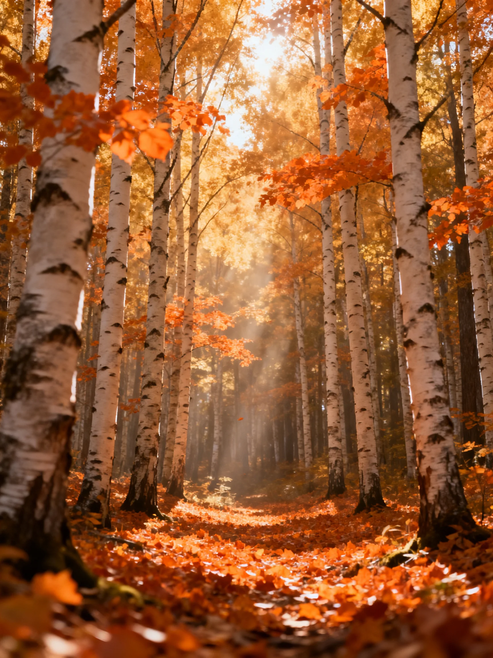 Golden Autumn Birch Forest with Sunlight and Orange Foliage
