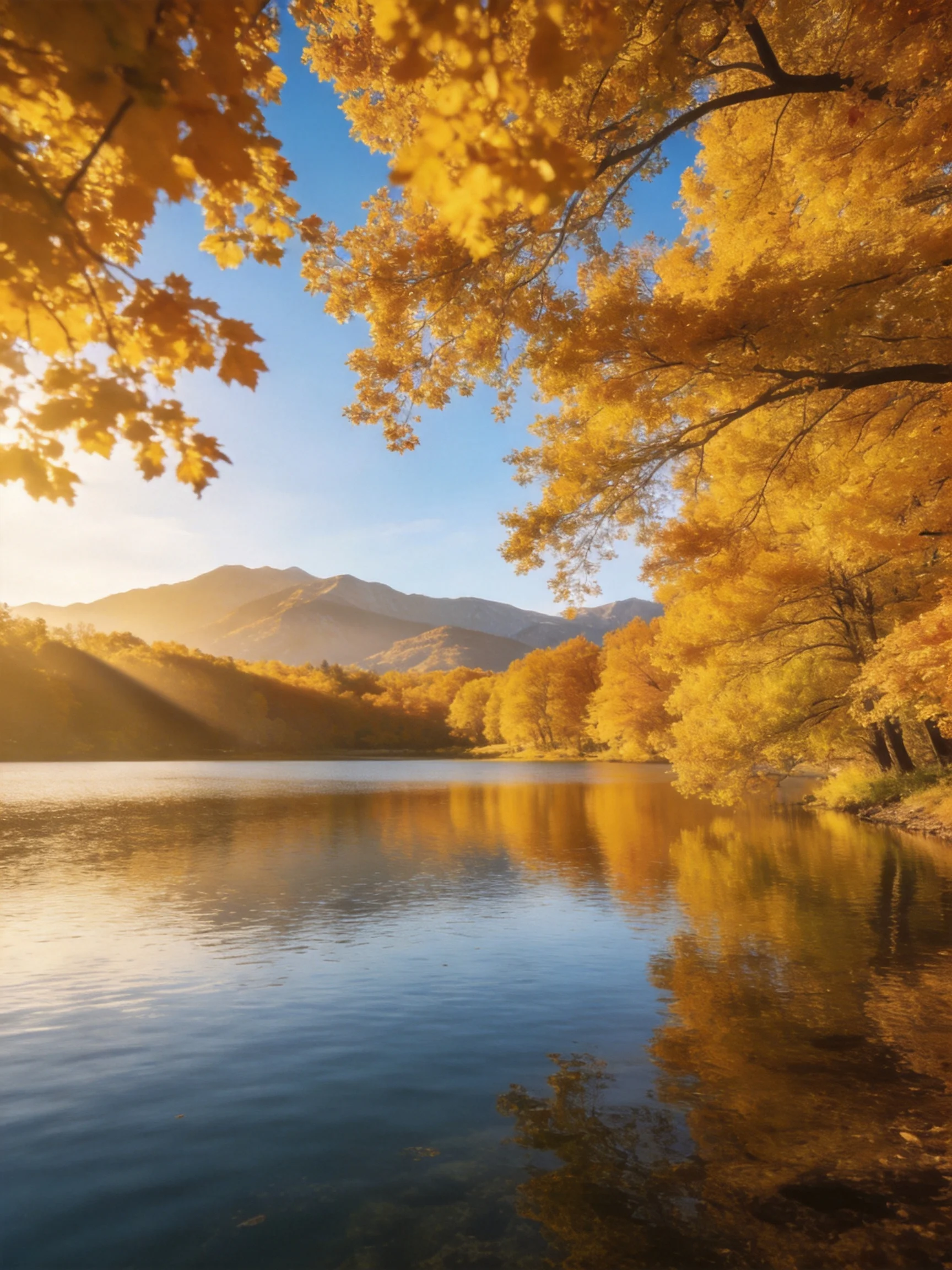 Golden Autumn Foliage Frames a Serene Lake Near Mountains