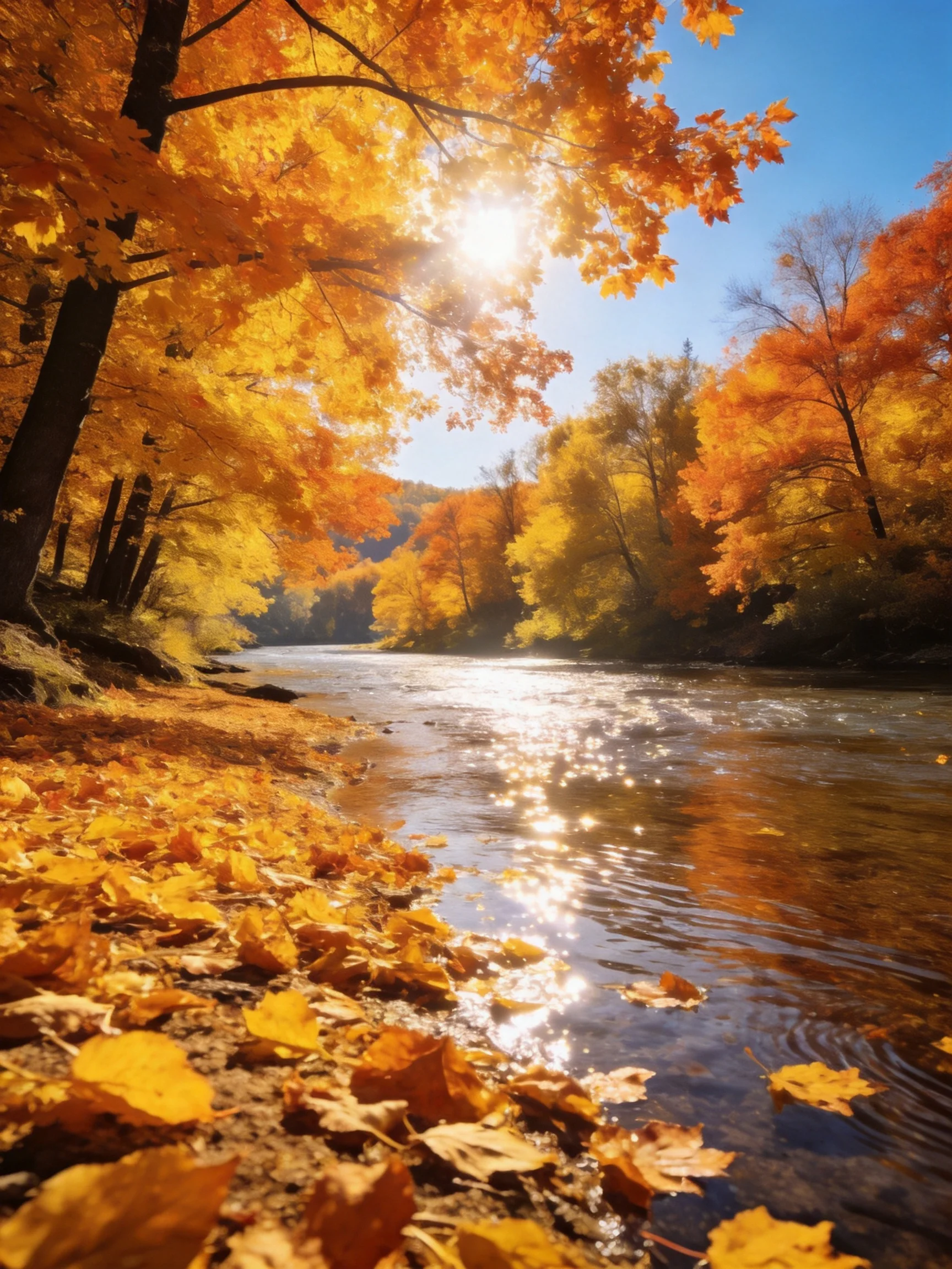 Golden Autumn Foliage Lines a Sunlit Riverbank