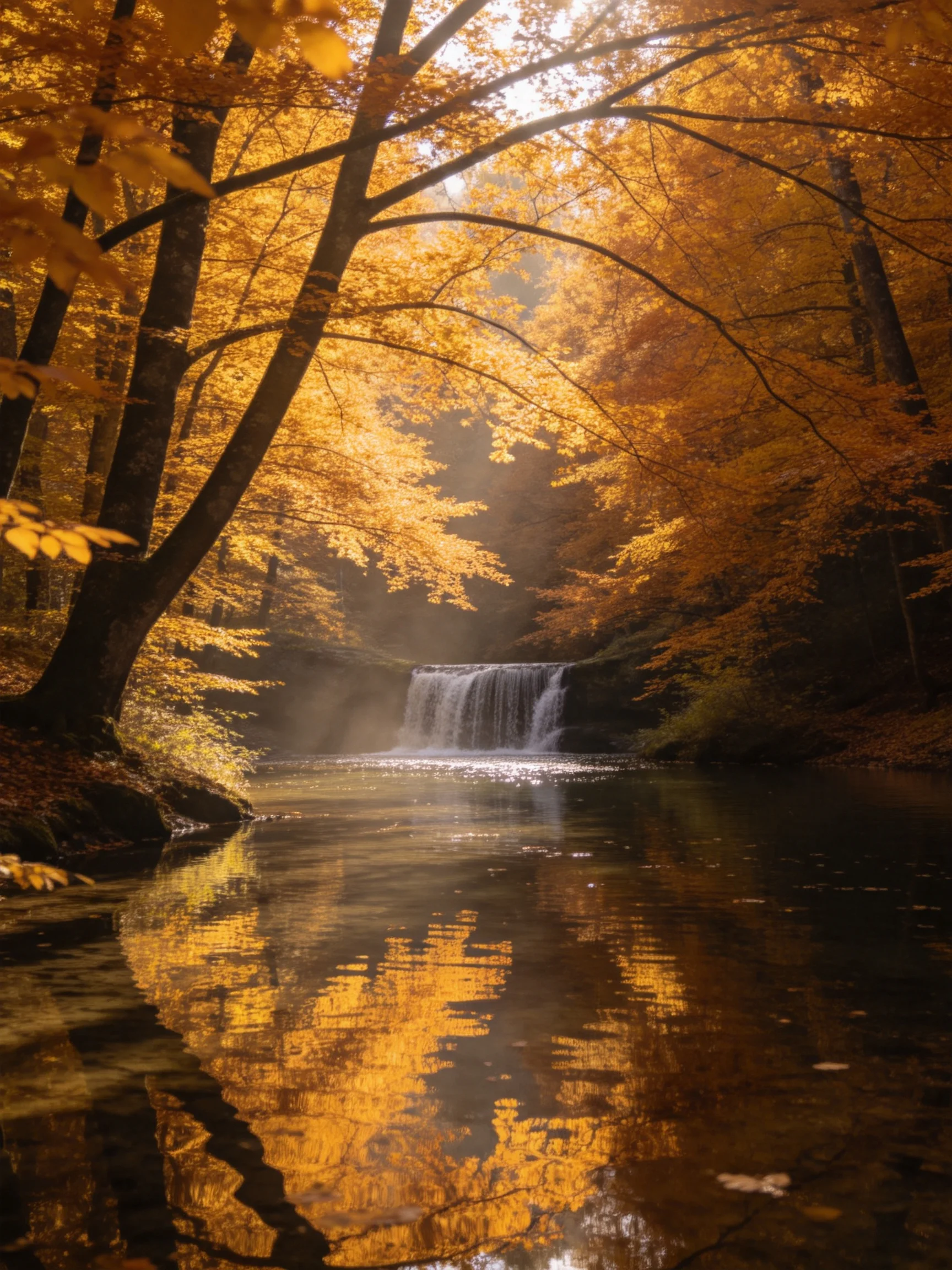 Golden Autumn Foliage Surveys a Small Waterfall Over a Reflective Stream