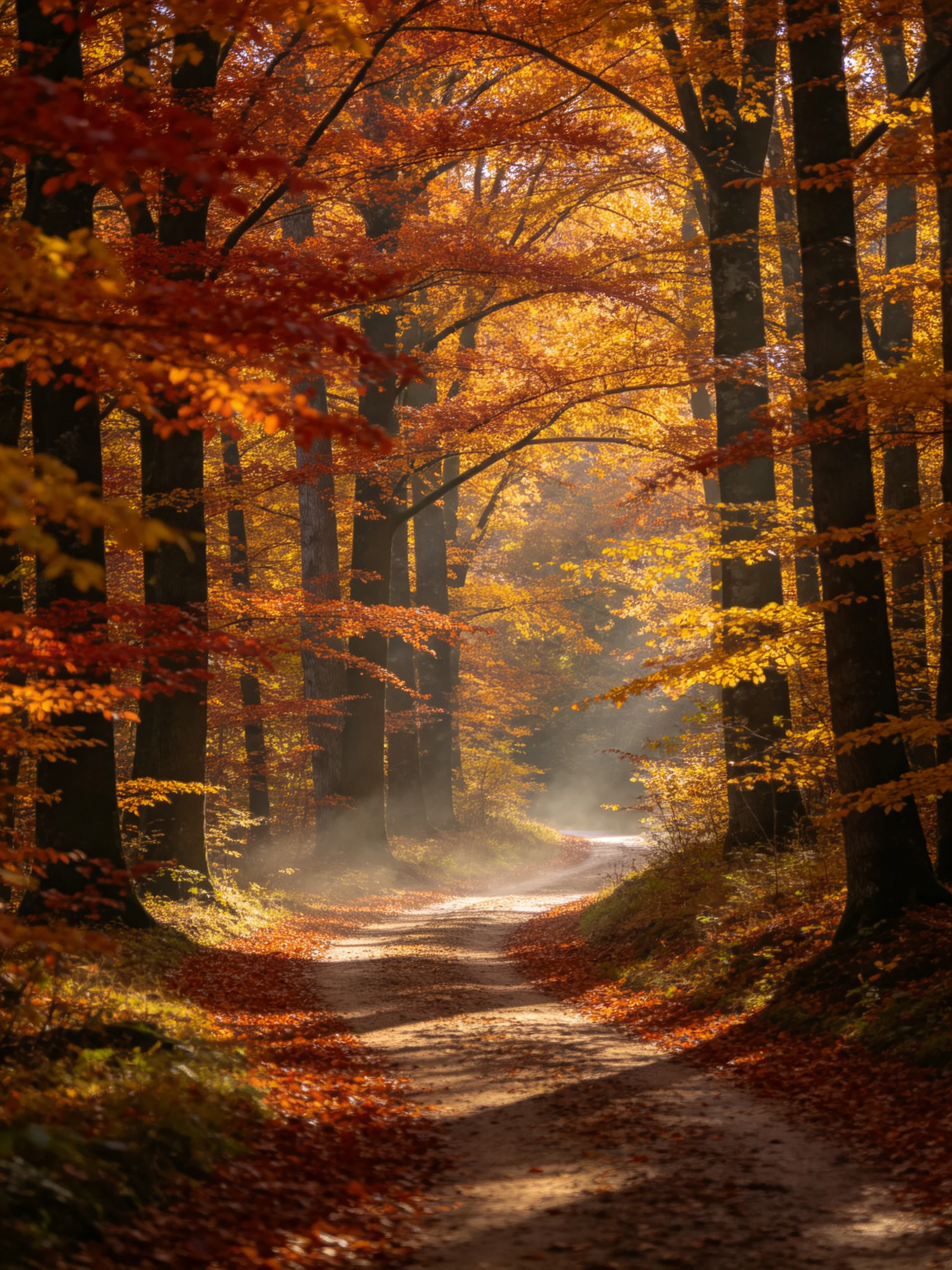 Golden Autumn Forest Path Among Tall Trees with Vibrant Foliage
