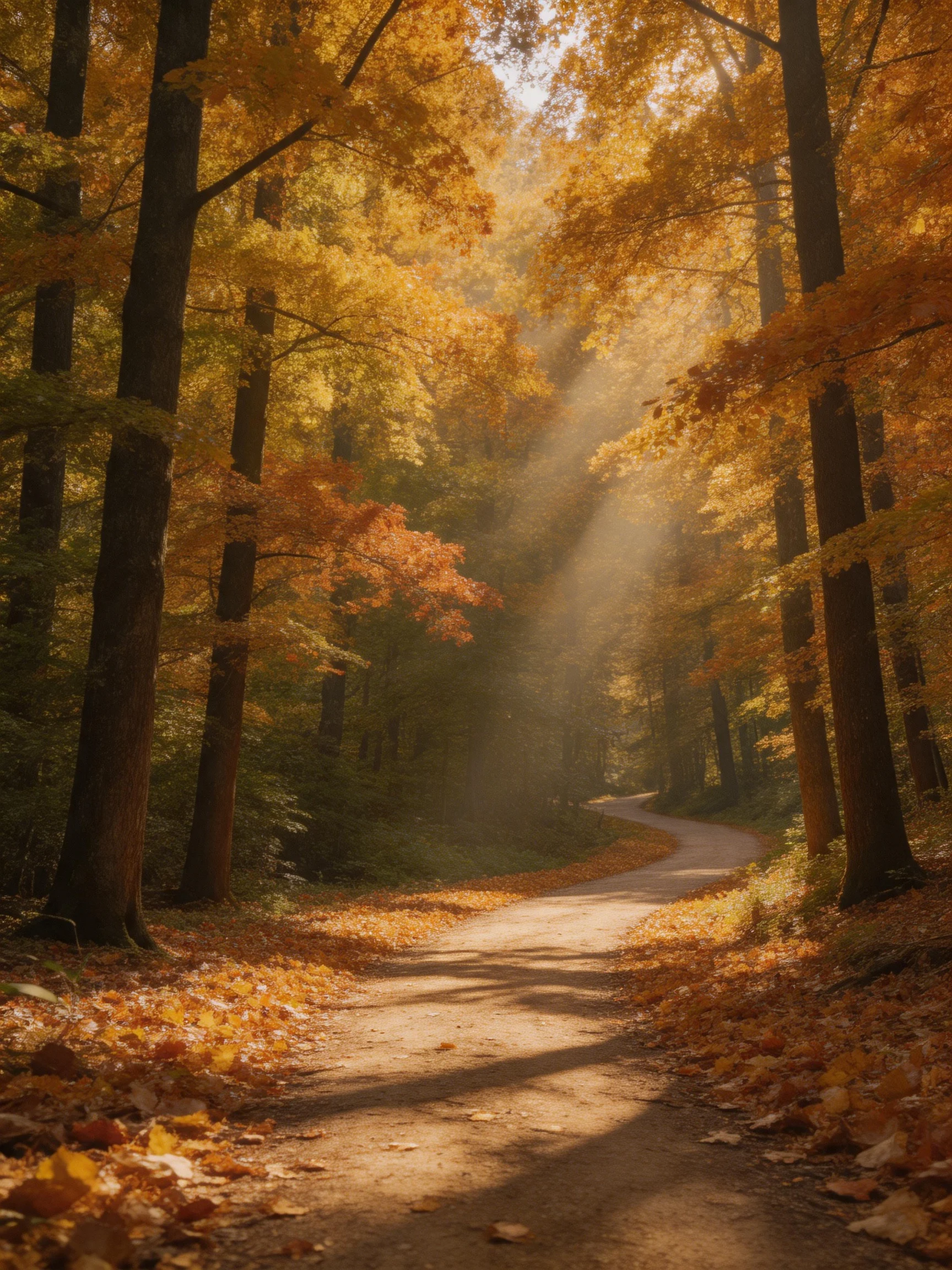 Golden Autumn Forest Path Lined With Golden-Orange Trees, Sunlight Streaming Through