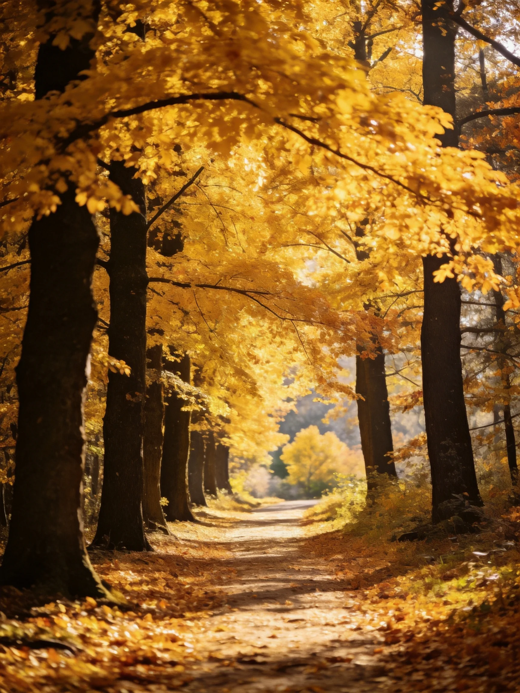 Golden Autumn Forest Path Lined by Tall Trees