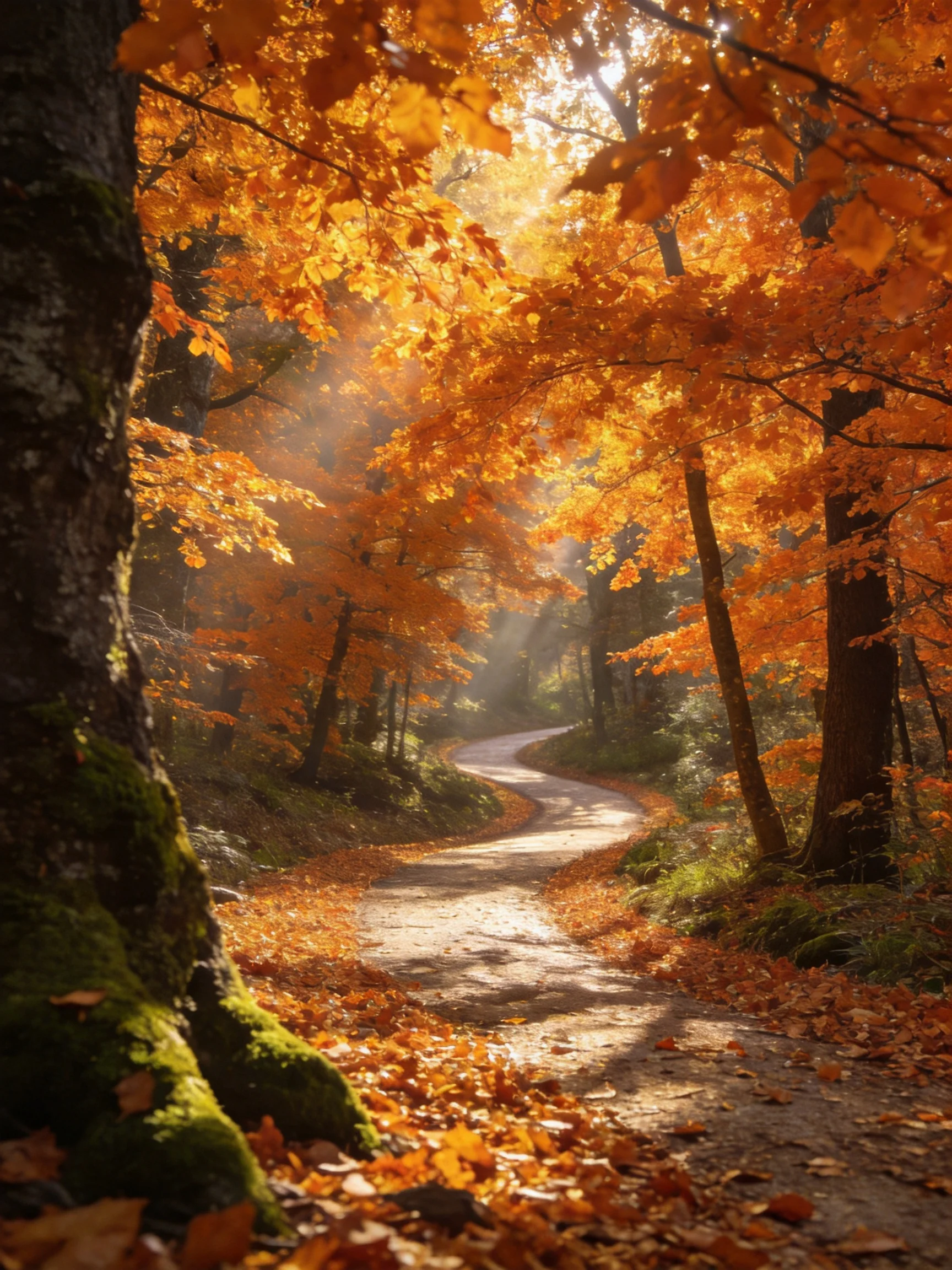 Golden Autumn Forest Path Under Sunlight Filtering Through Trees