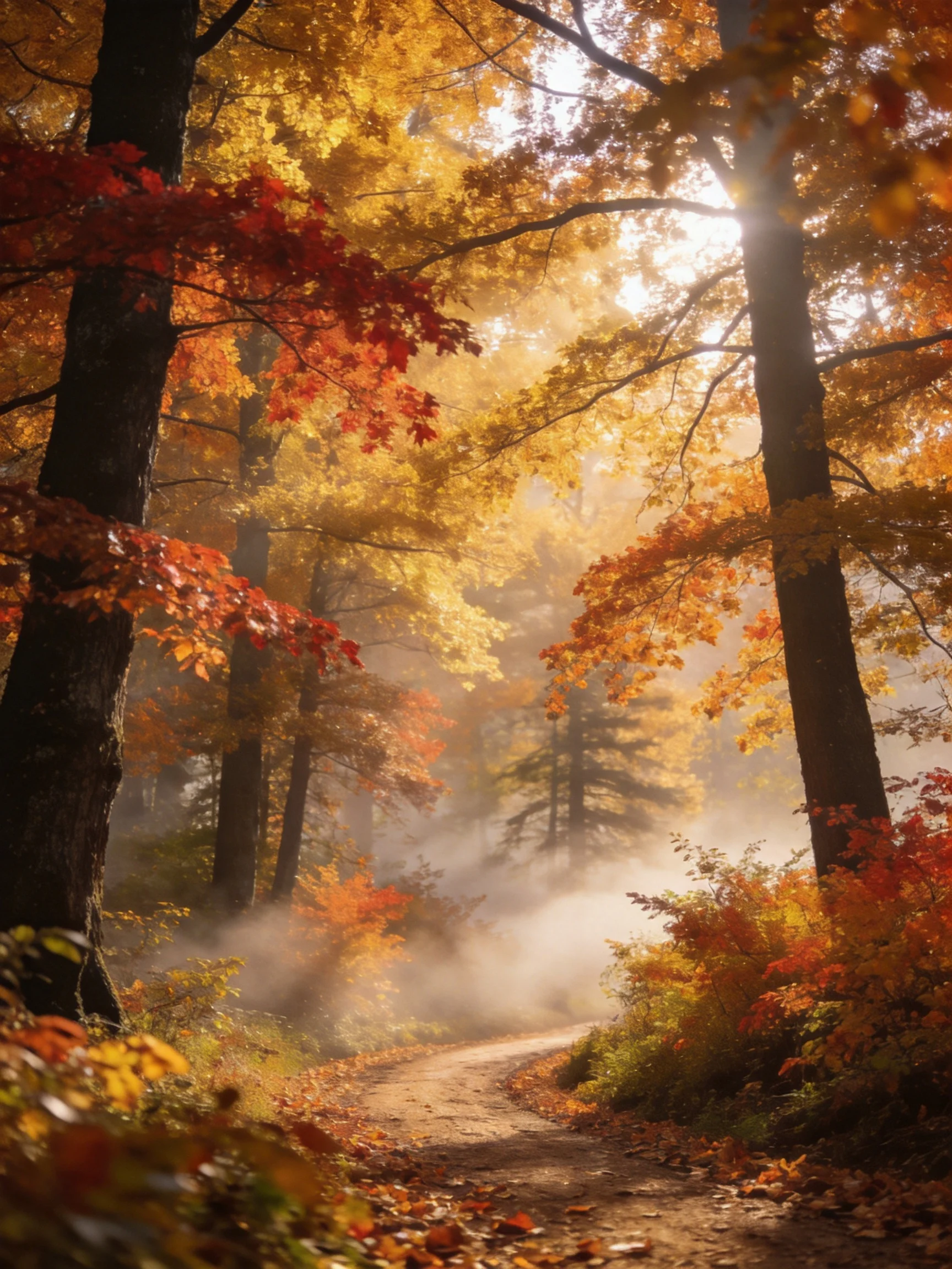 Golden Autumn Forest Path With Colorful Leaves And Mist