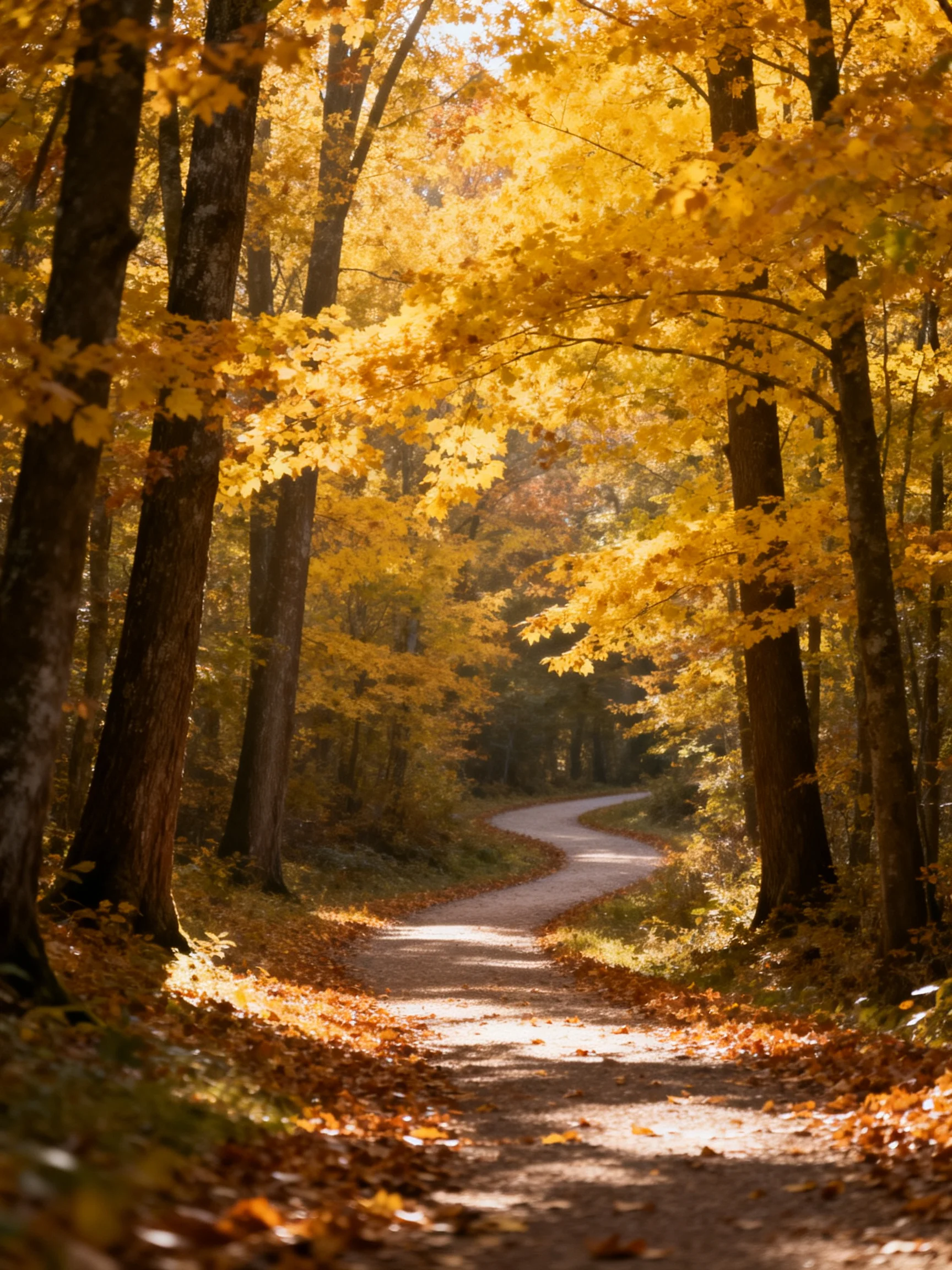 Golden Autumn Forest Path With Curving Dirt Trail
