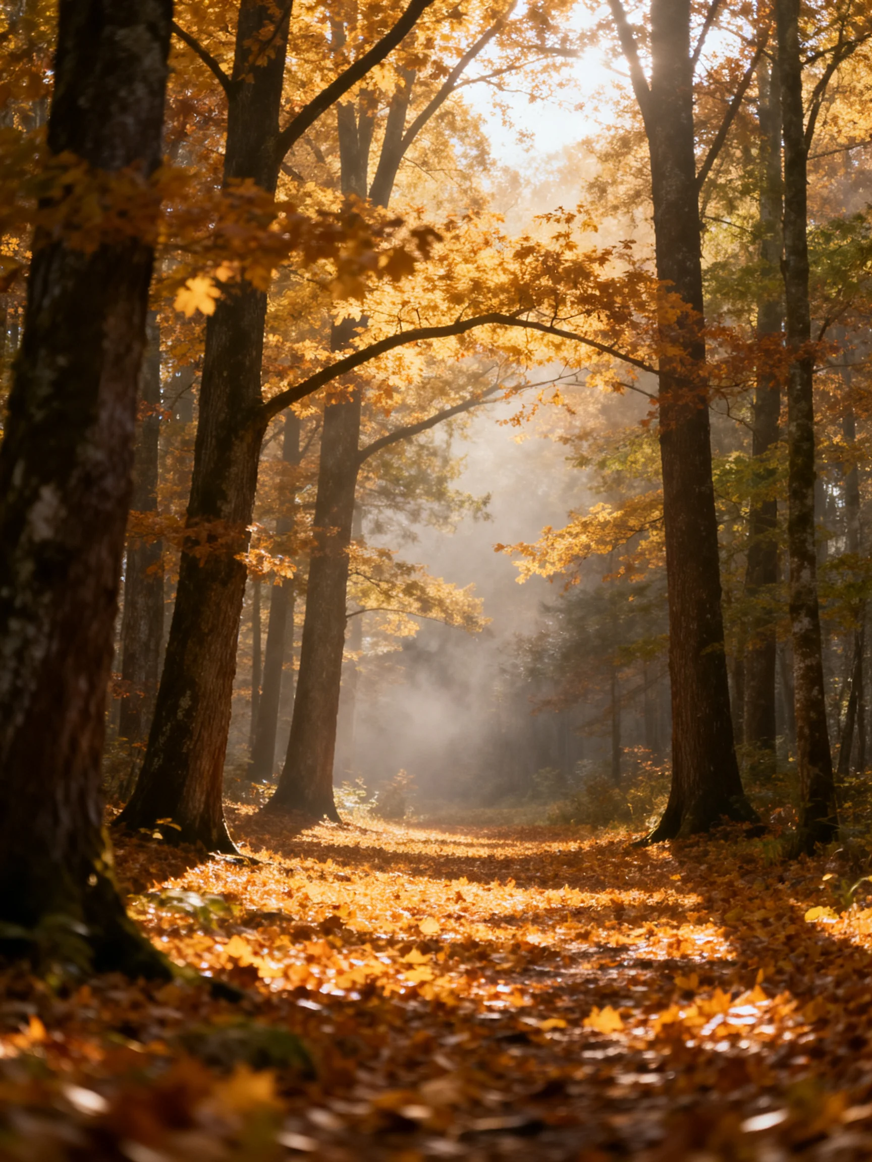 Golden Autumn Forest Path With Misty Sunlight Among Tall Trees