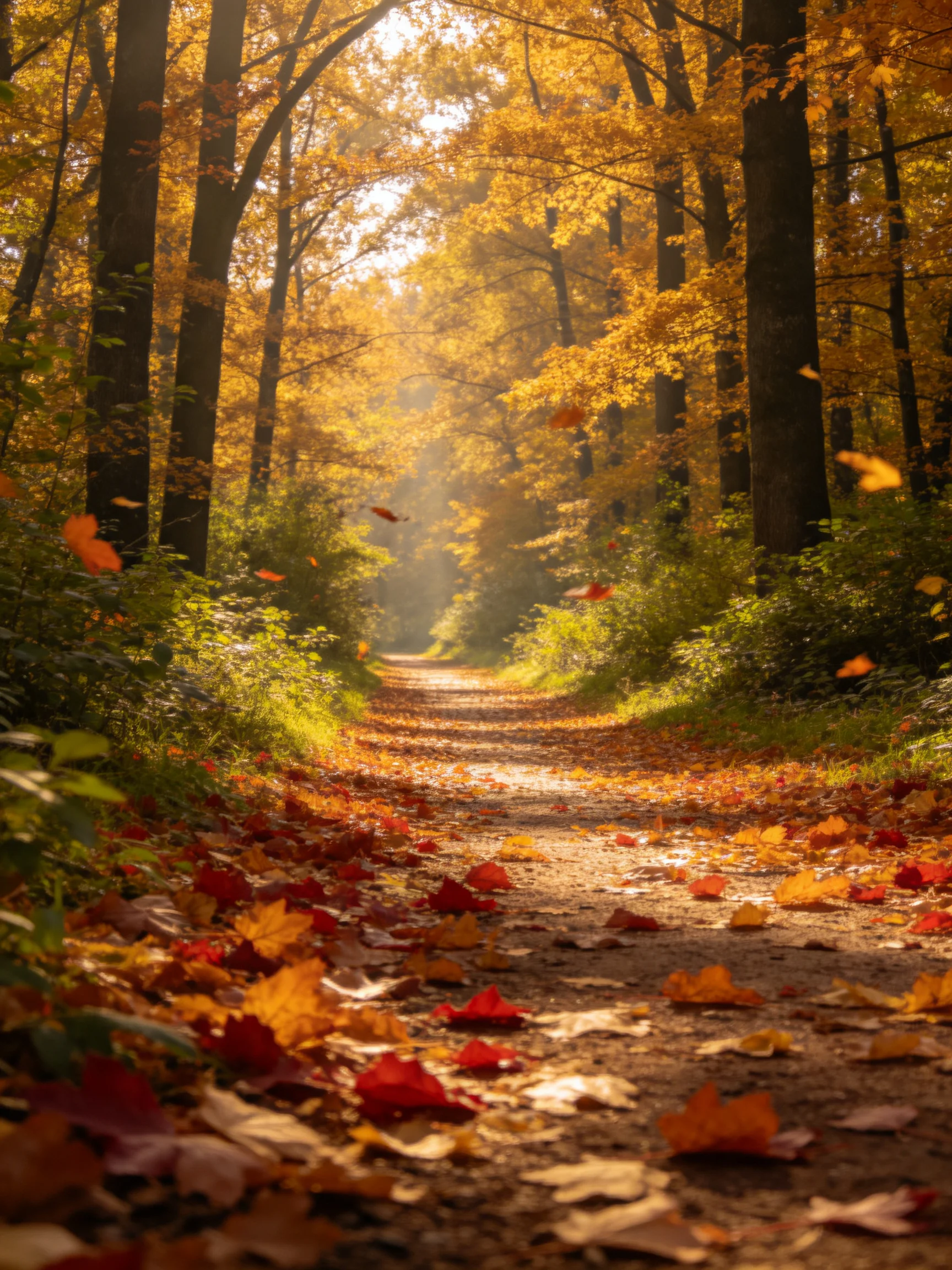 Golden Autumn Forest Path with Colorful Fallen Leaves