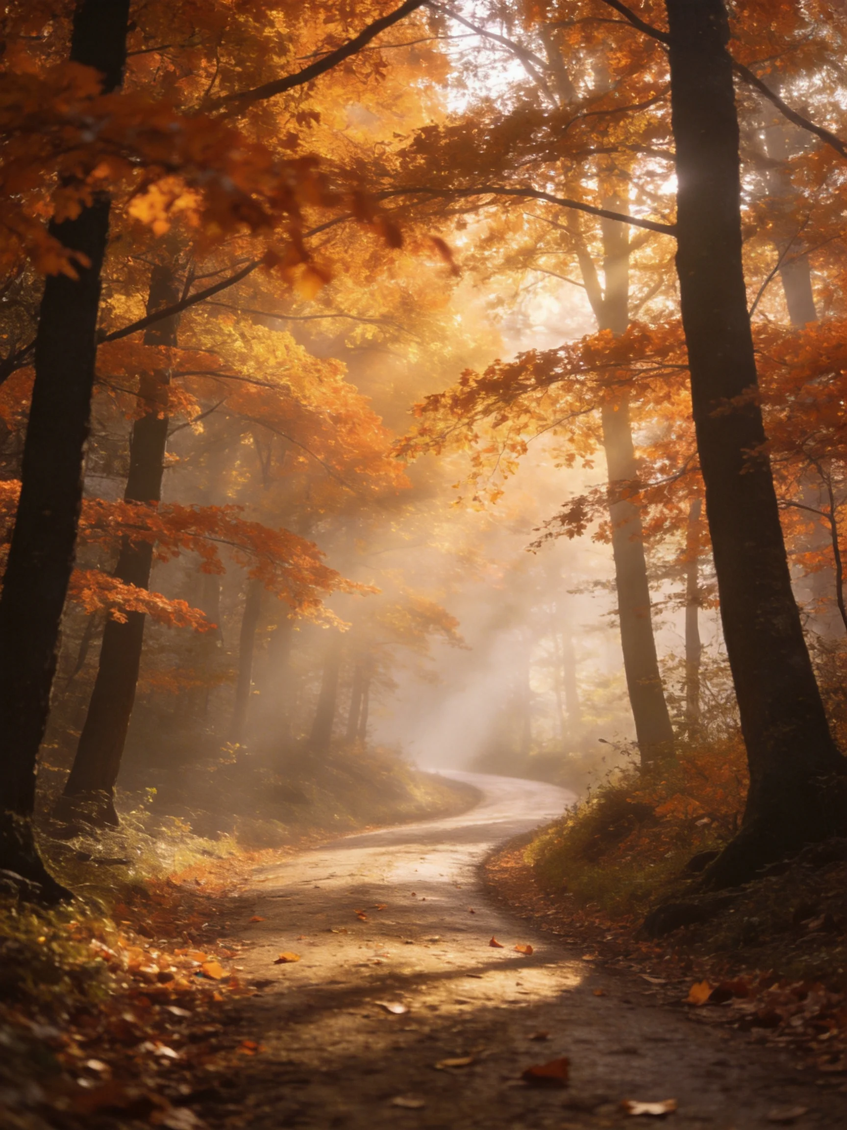 Golden Autumn Forest Path with Misty Light and Tall Trees