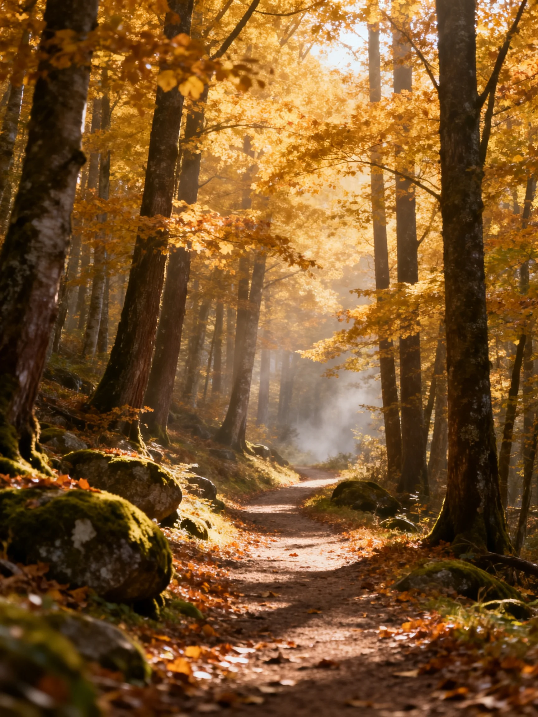 Golden Autumn Forest Path with Moss-Covered Rocks