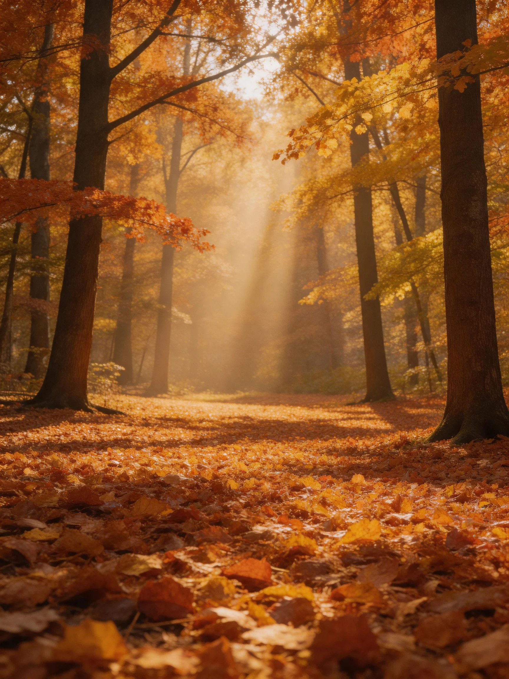 Golden Autumn Forest Path with Sunbeams Filtering Through Trees