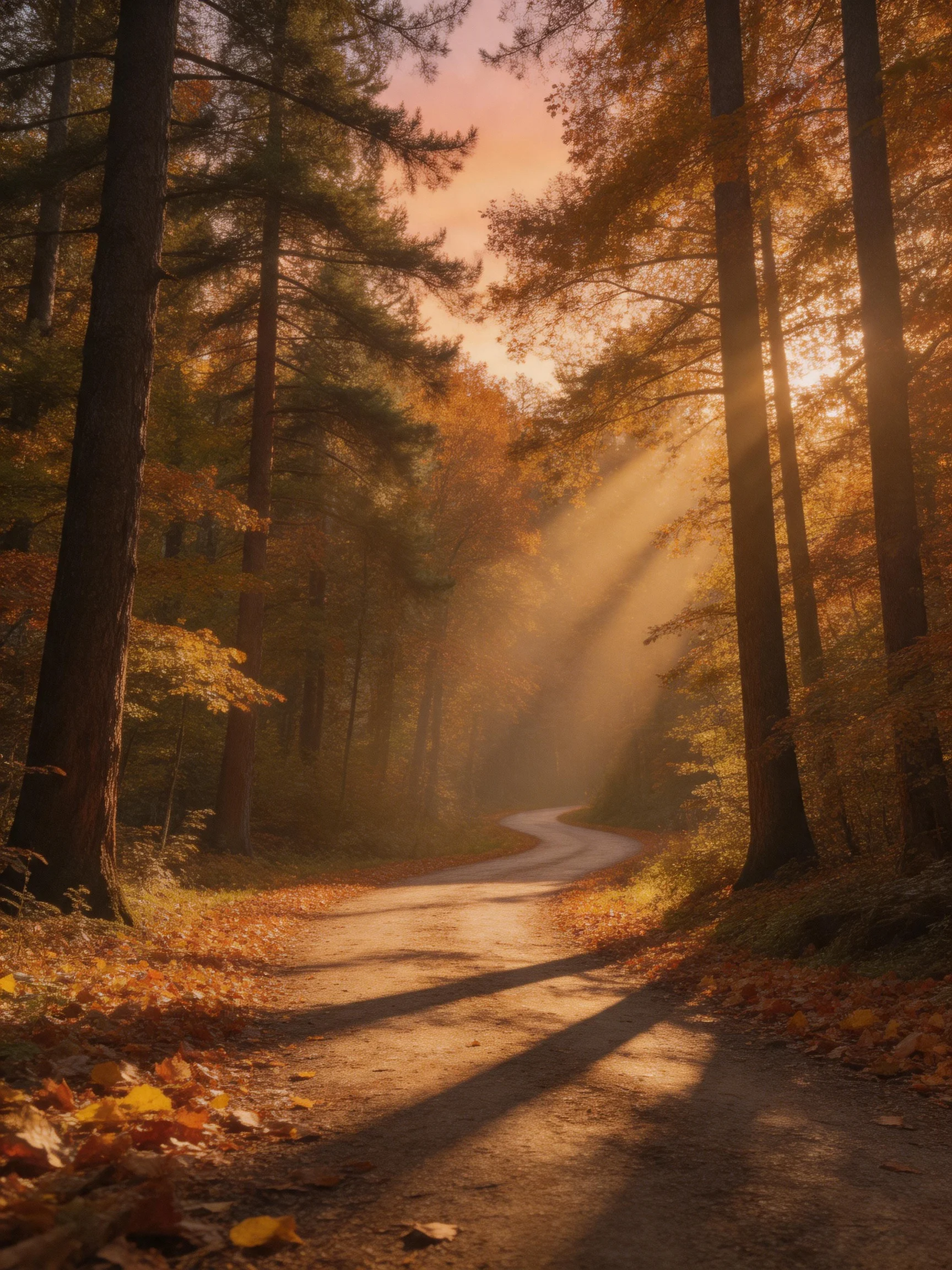 Golden Autumn Forest Path with Sunbeams Through Tall Trees