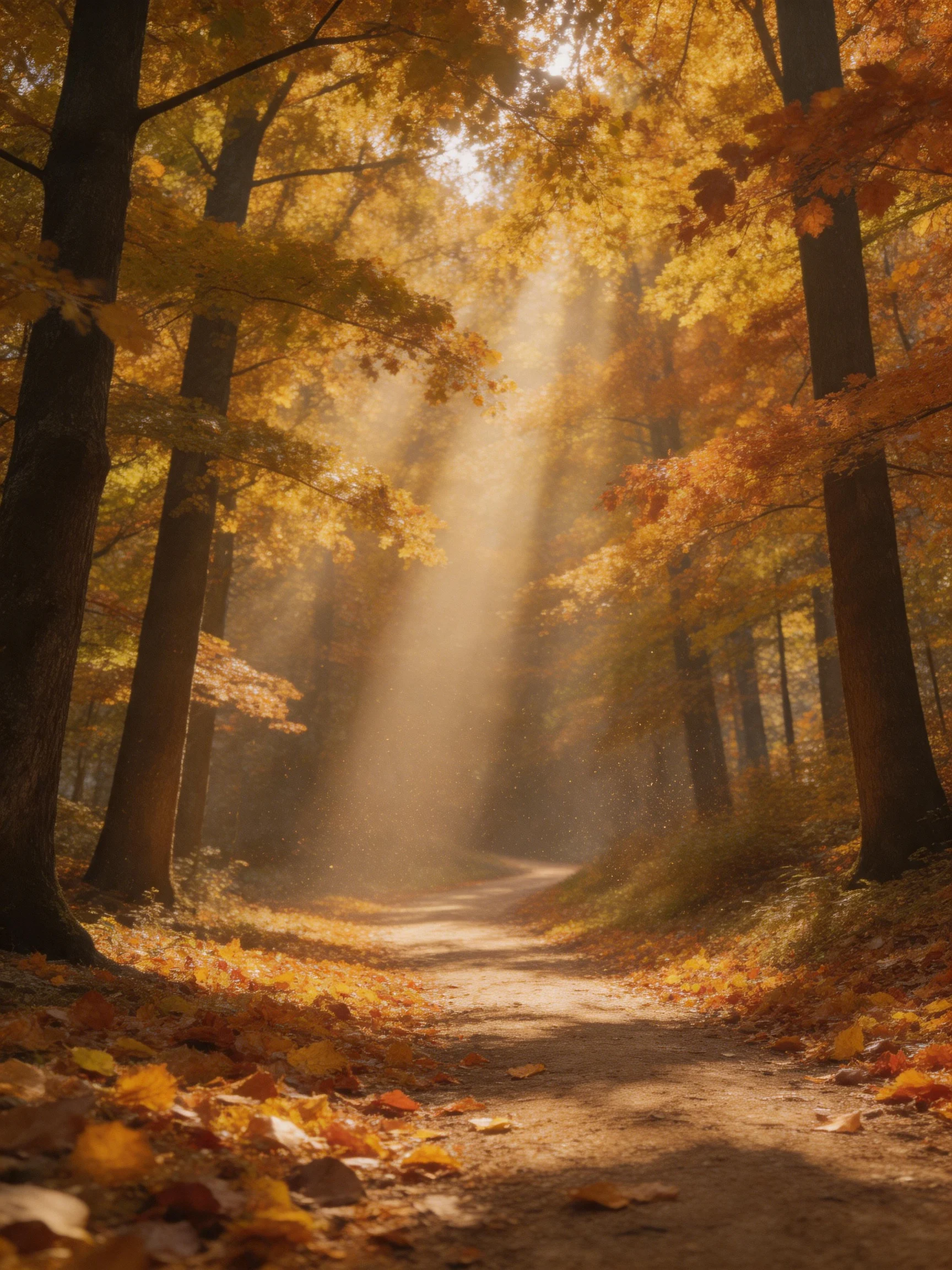 Golden Autumn Forest Path with Sunbeams Through Trees