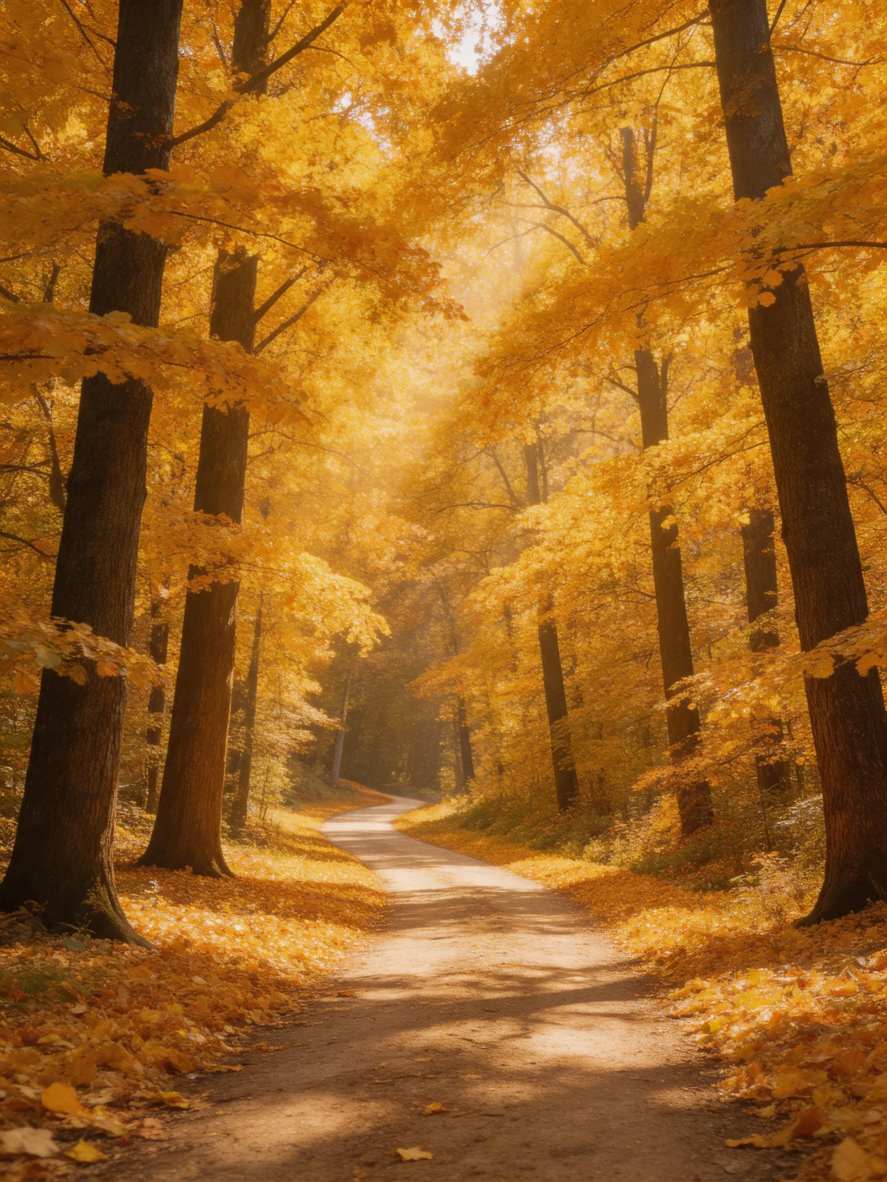 Golden Autumn Forest Path with Sunlight Filtering Through
