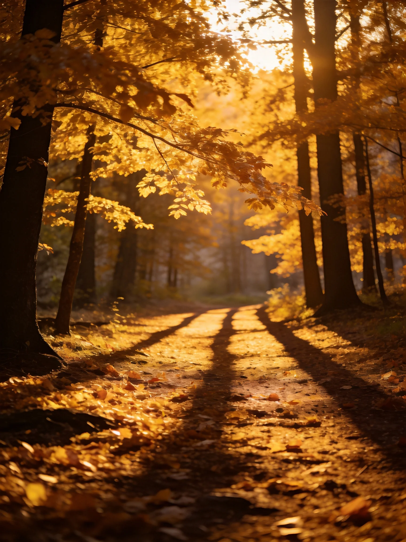 Golden Autumn Forest Path with Sunlight Filtering ThroughTrees