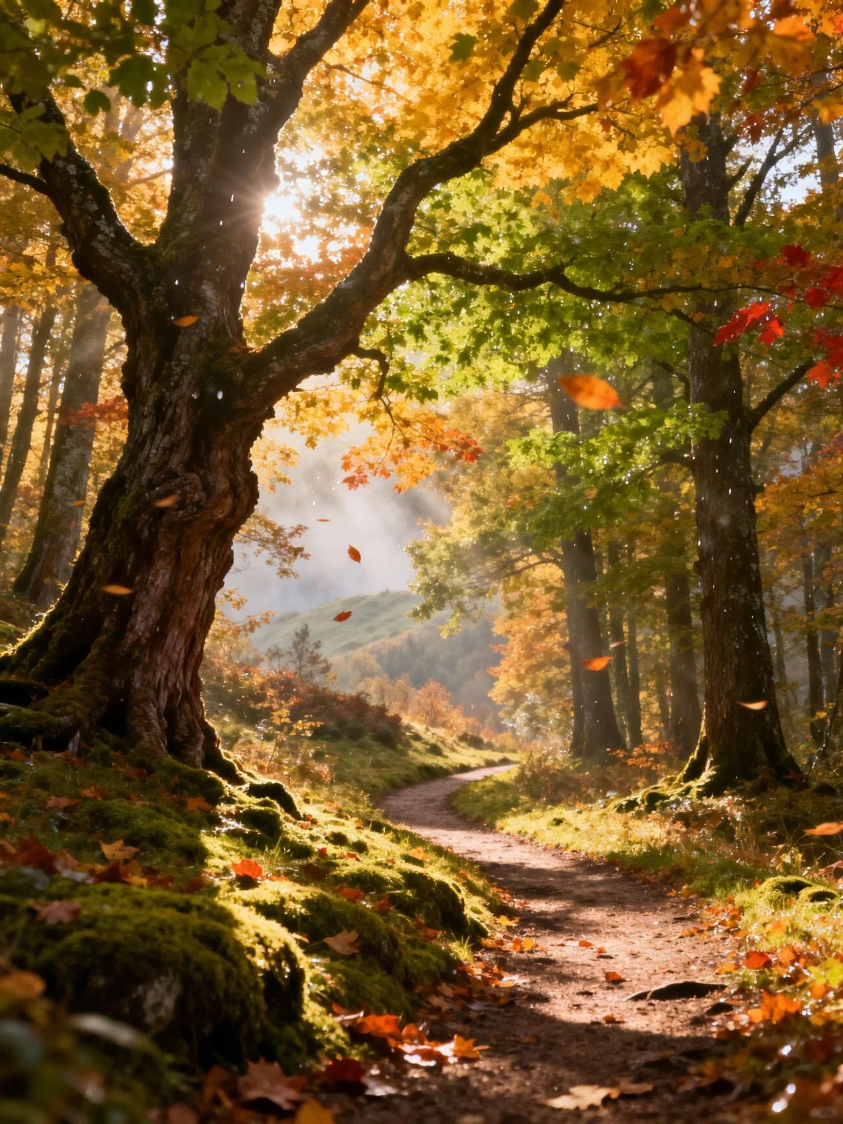 Golden Autumn Forest Path with Sunlight Through Trees