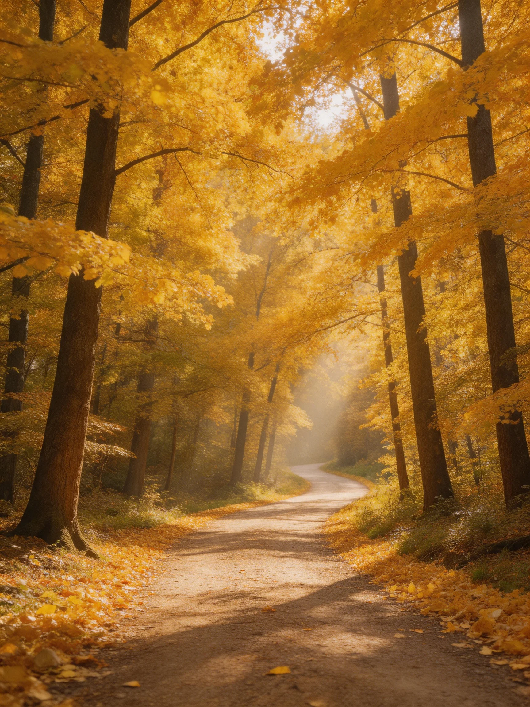 Golden Autumn Forest Path with Sunlight and Fallen Leaves