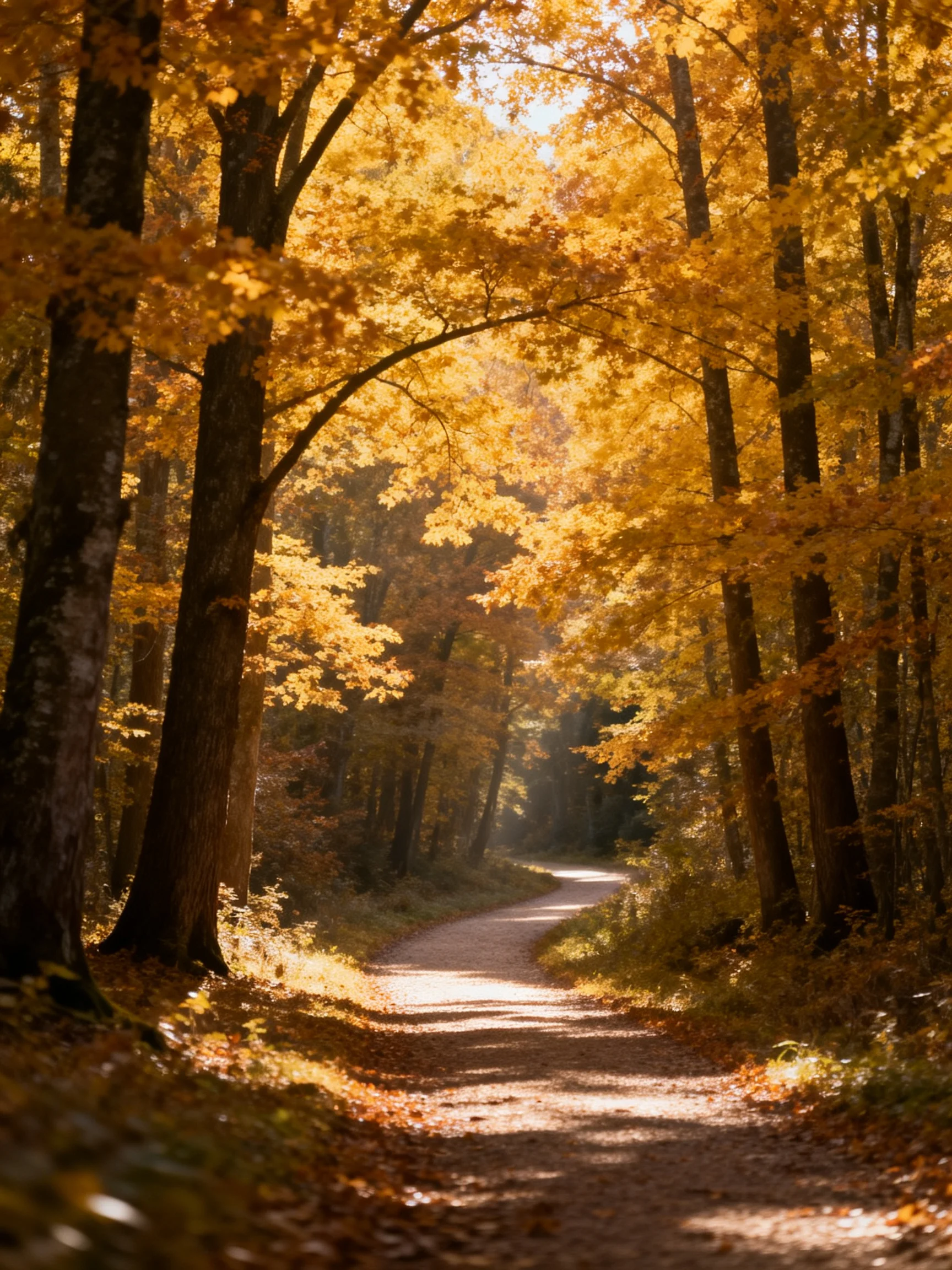 Golden Autumn Forest Path with Sunlit Trail