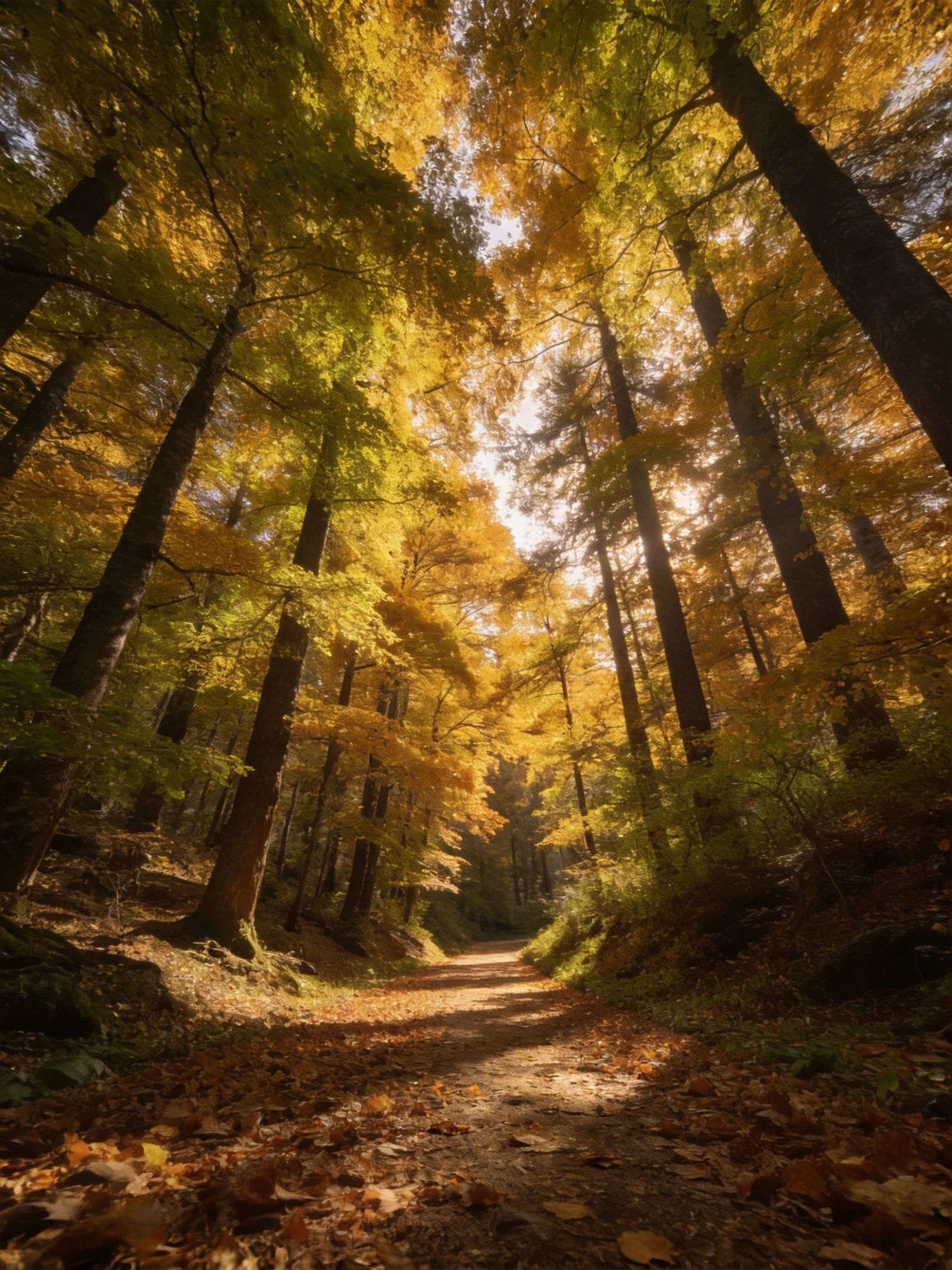 Golden Autumn Forest Path with Tall Trees and Sunlight