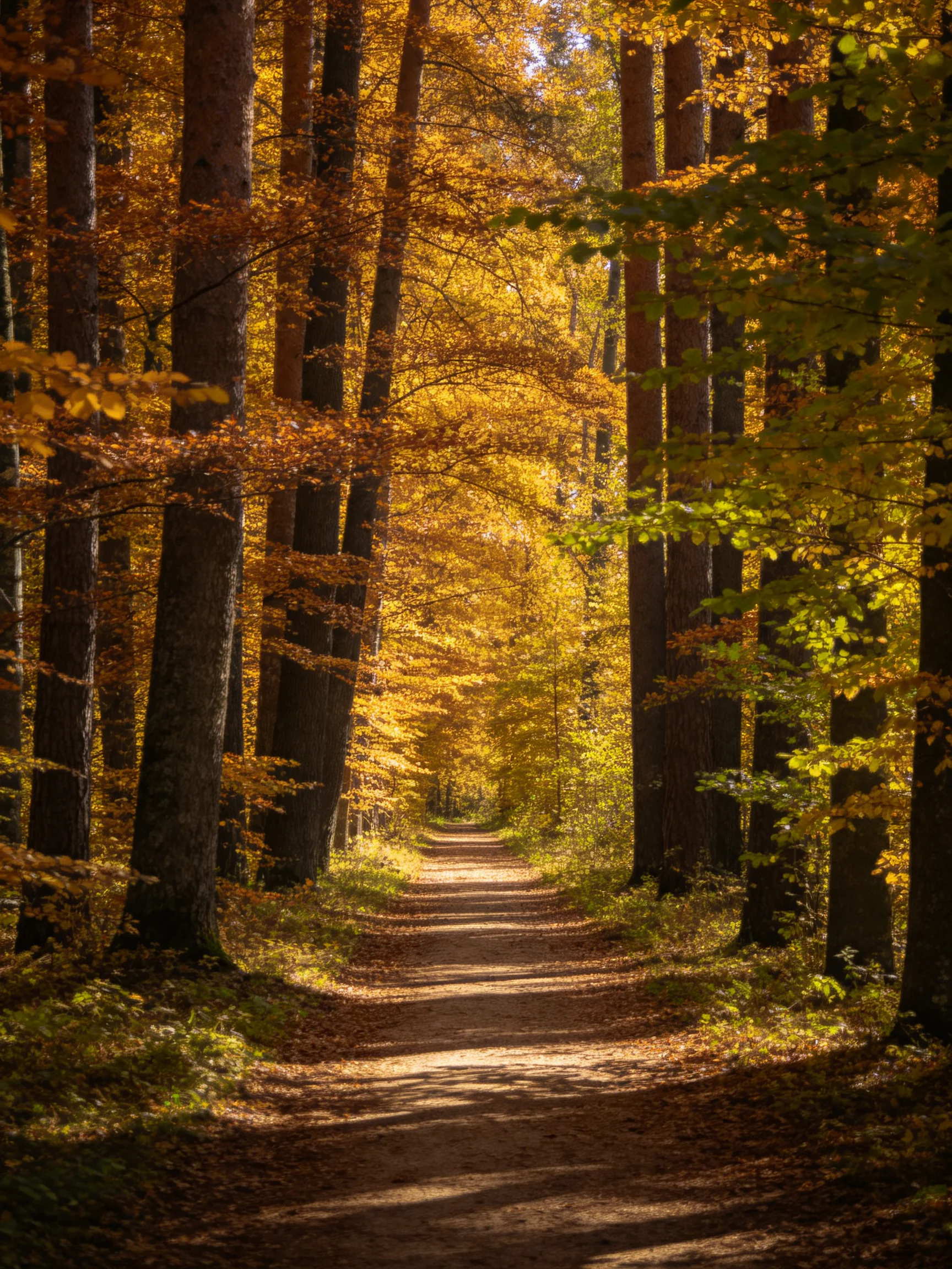 Golden Autumn Forest Path with Tall Trunked Trees