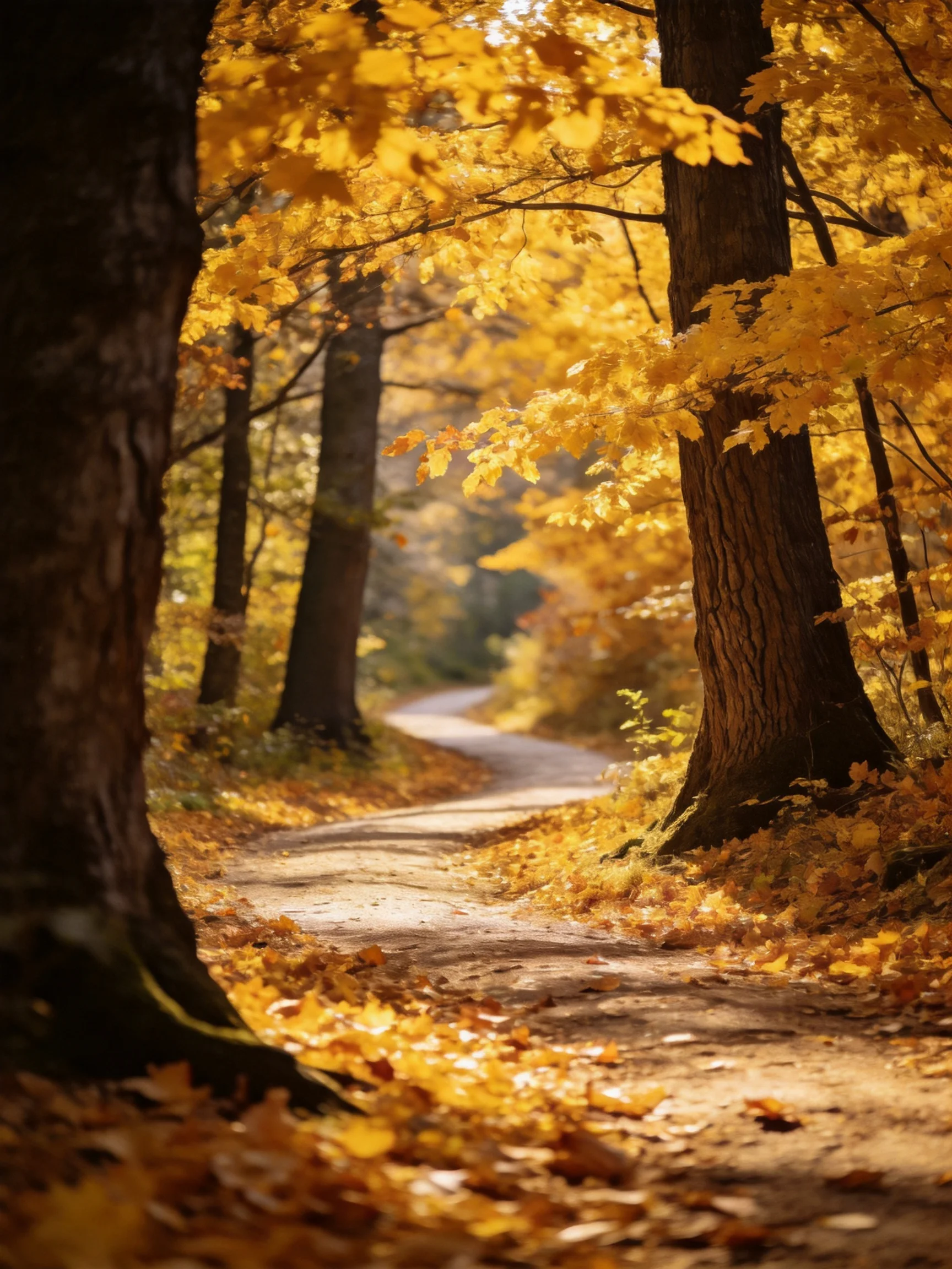 Golden Autumn Forest Path with Winding Dirt Trail
