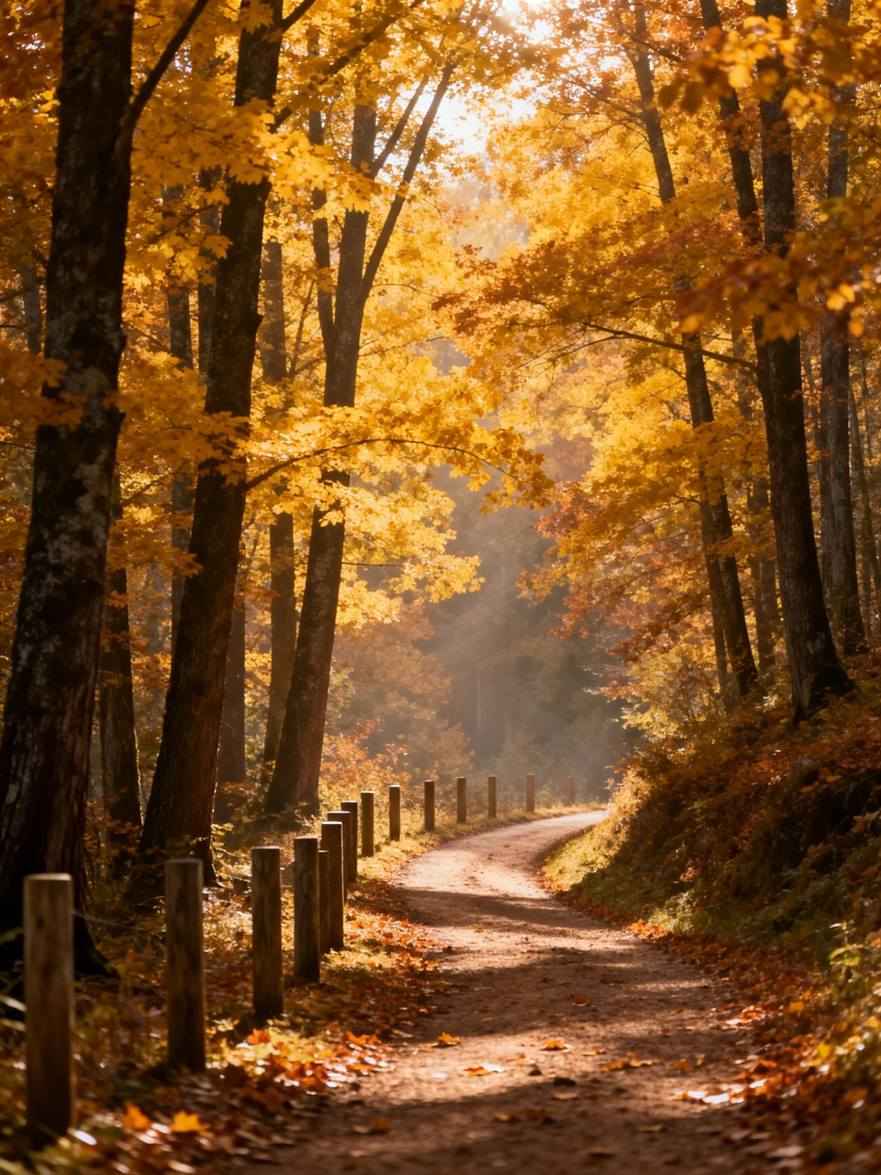 Golden Autumn Forest Path with Wooden Posts and Sunlight