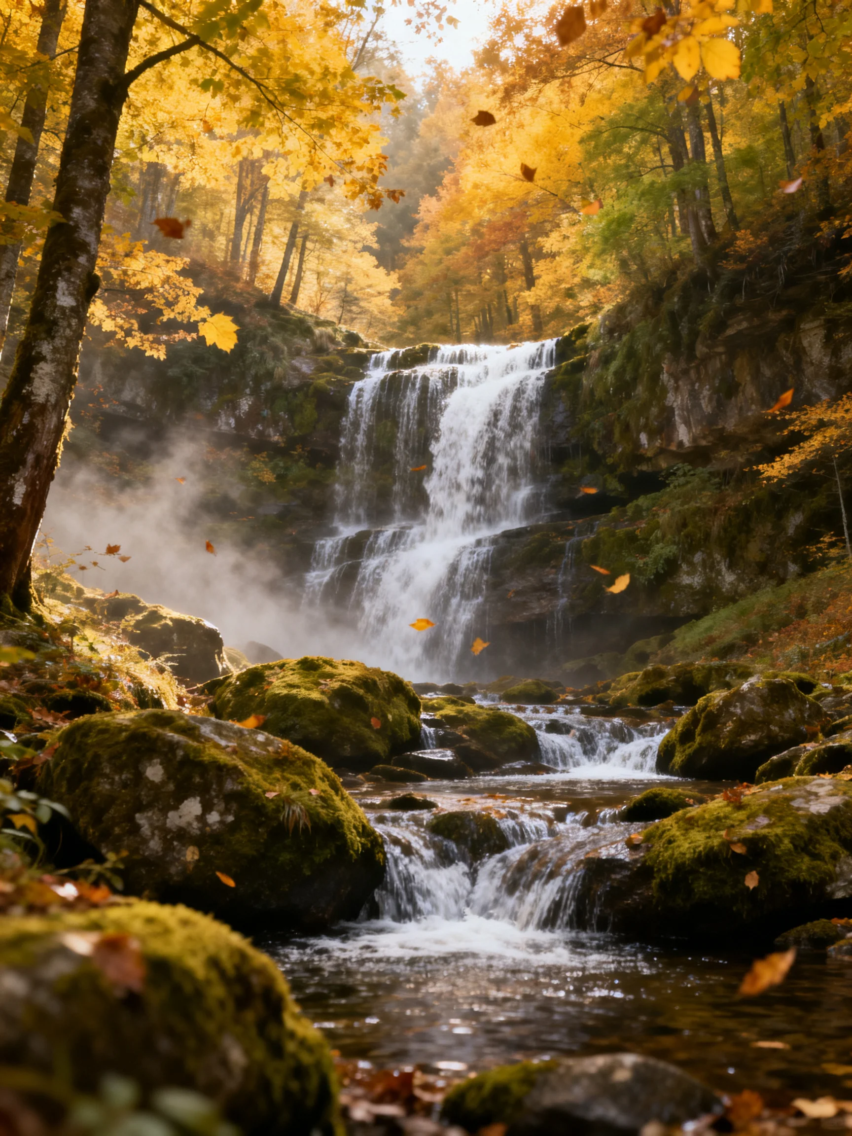 Golden Autumn Forest With Moss-Covered Rocks and Waterfall