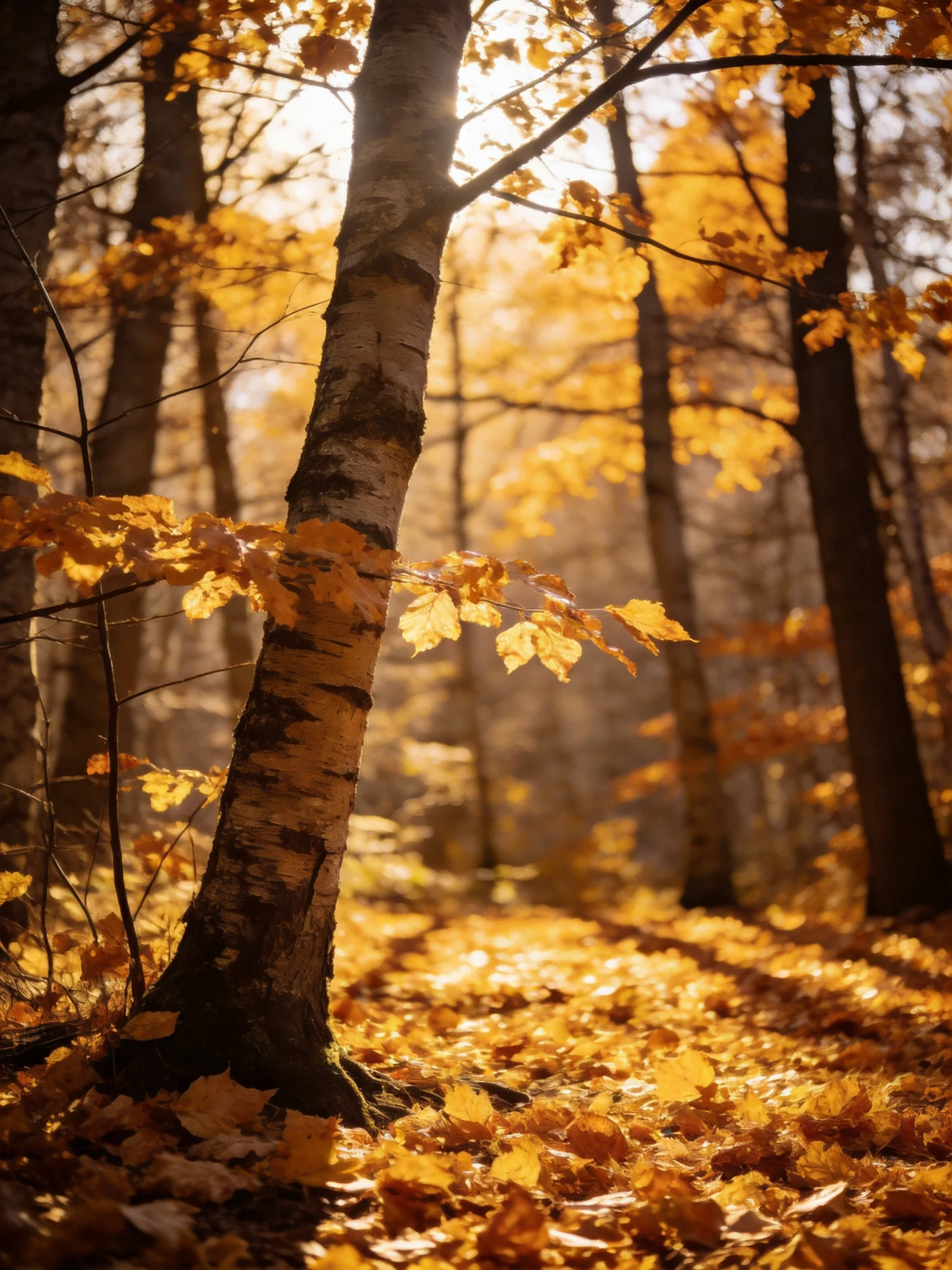 Golden Autumn Forest with Birch Trees and Sunlit Foliage