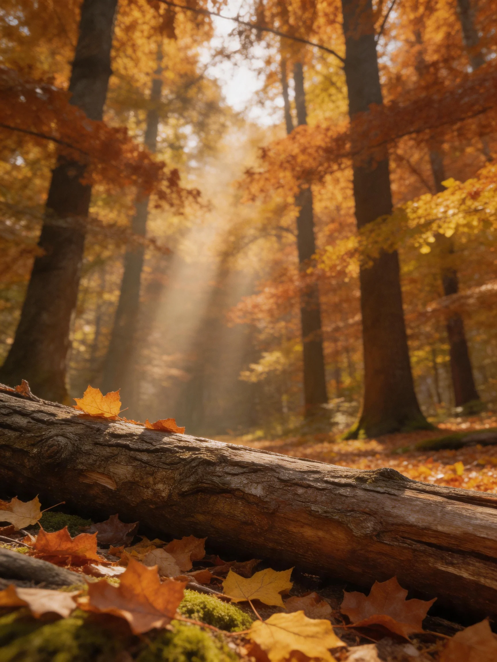 Golden Autumn Forest with Fallen Log and Sunbeams