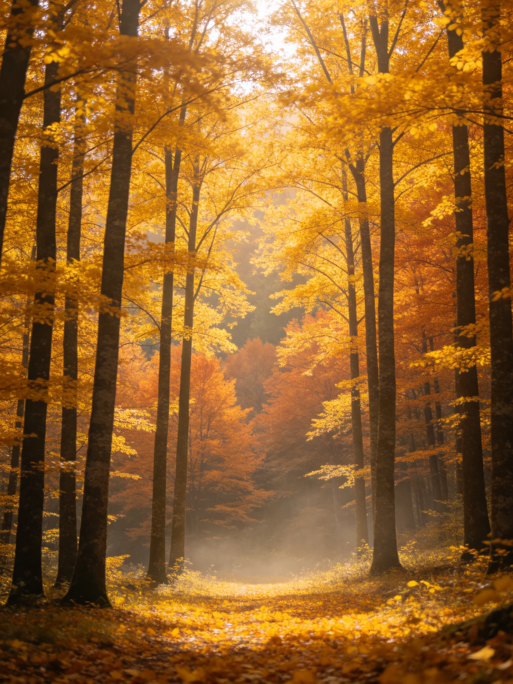 Golden Autumn Forest with Misty Pathway Among Tall Trees