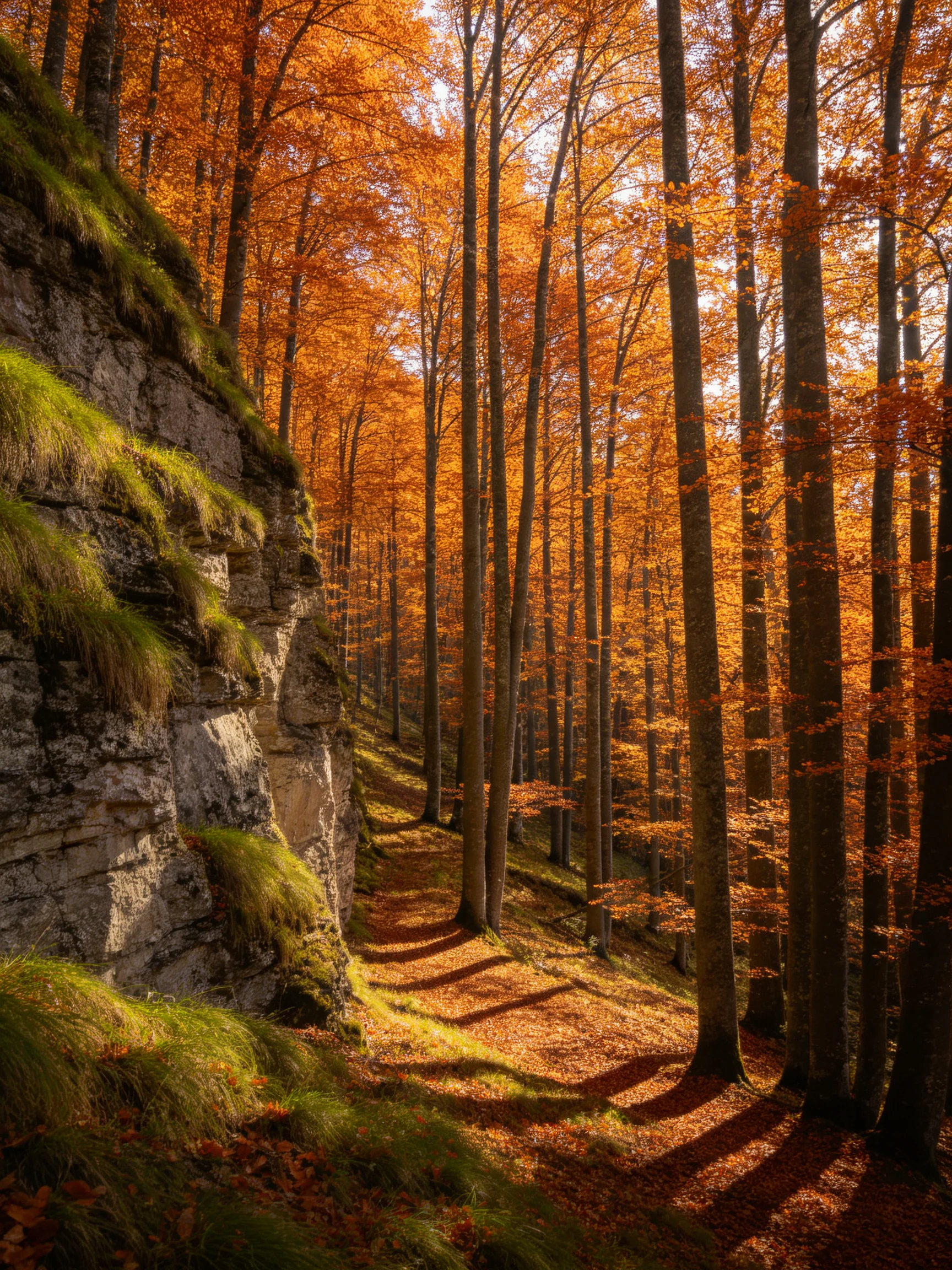 Golden Autumn Forest with Moss-Covered Rocky Slope