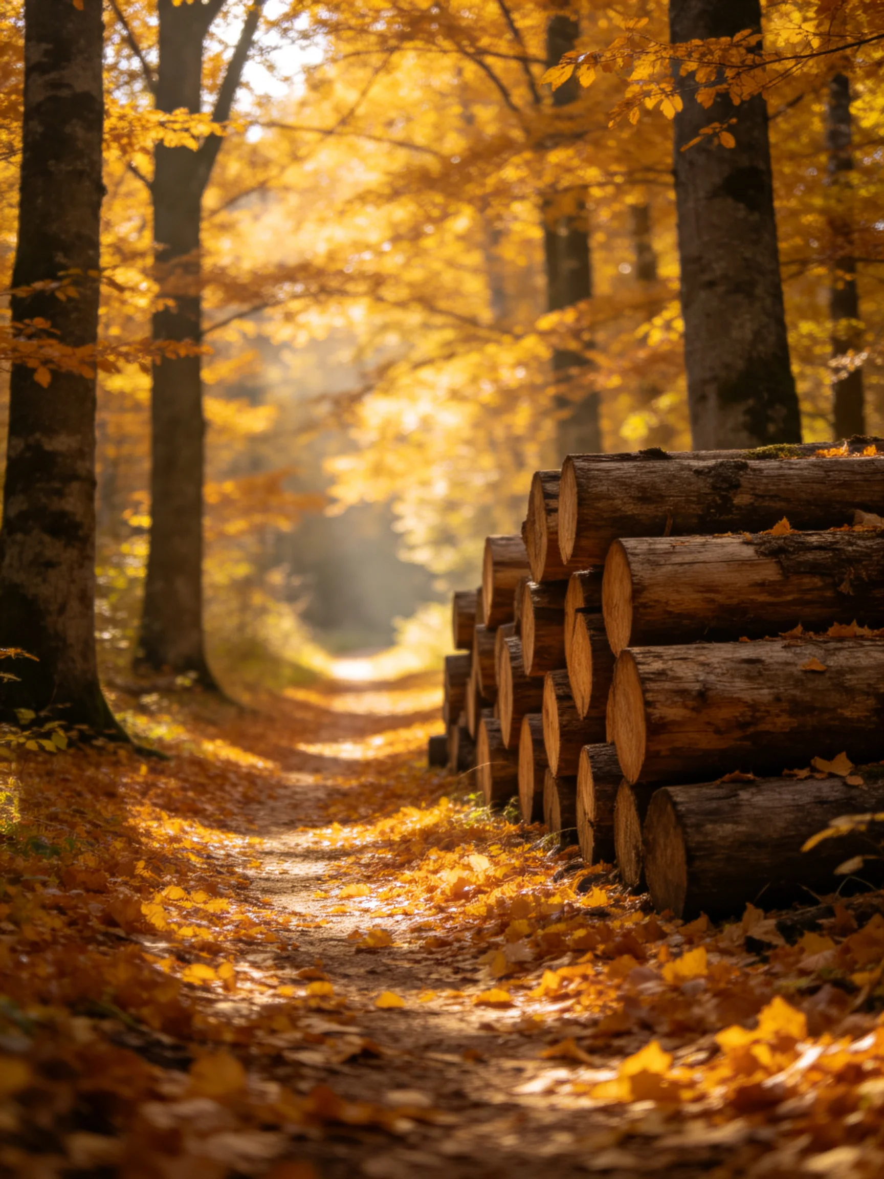 Golden Autumn Forest with Piled Logs Along Sunlit Path