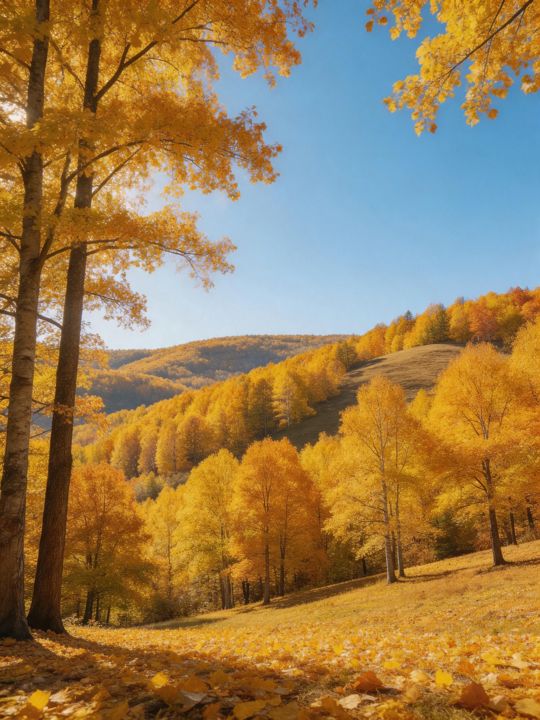Golden Autumn Forest with Rolling Hills and Clear Blue Sky