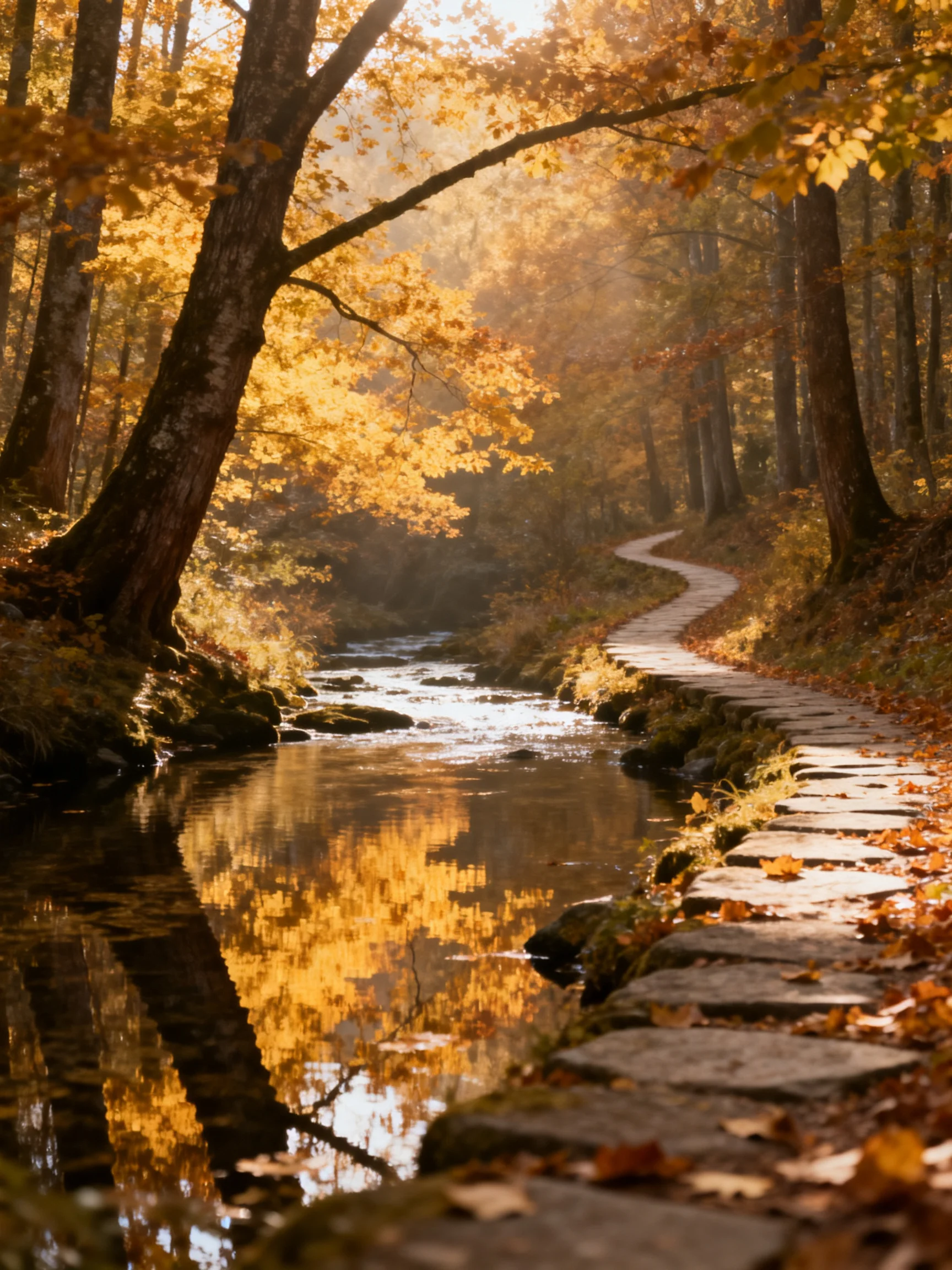 Golden Autumn Forest with Stone Path Along Reflective Stream