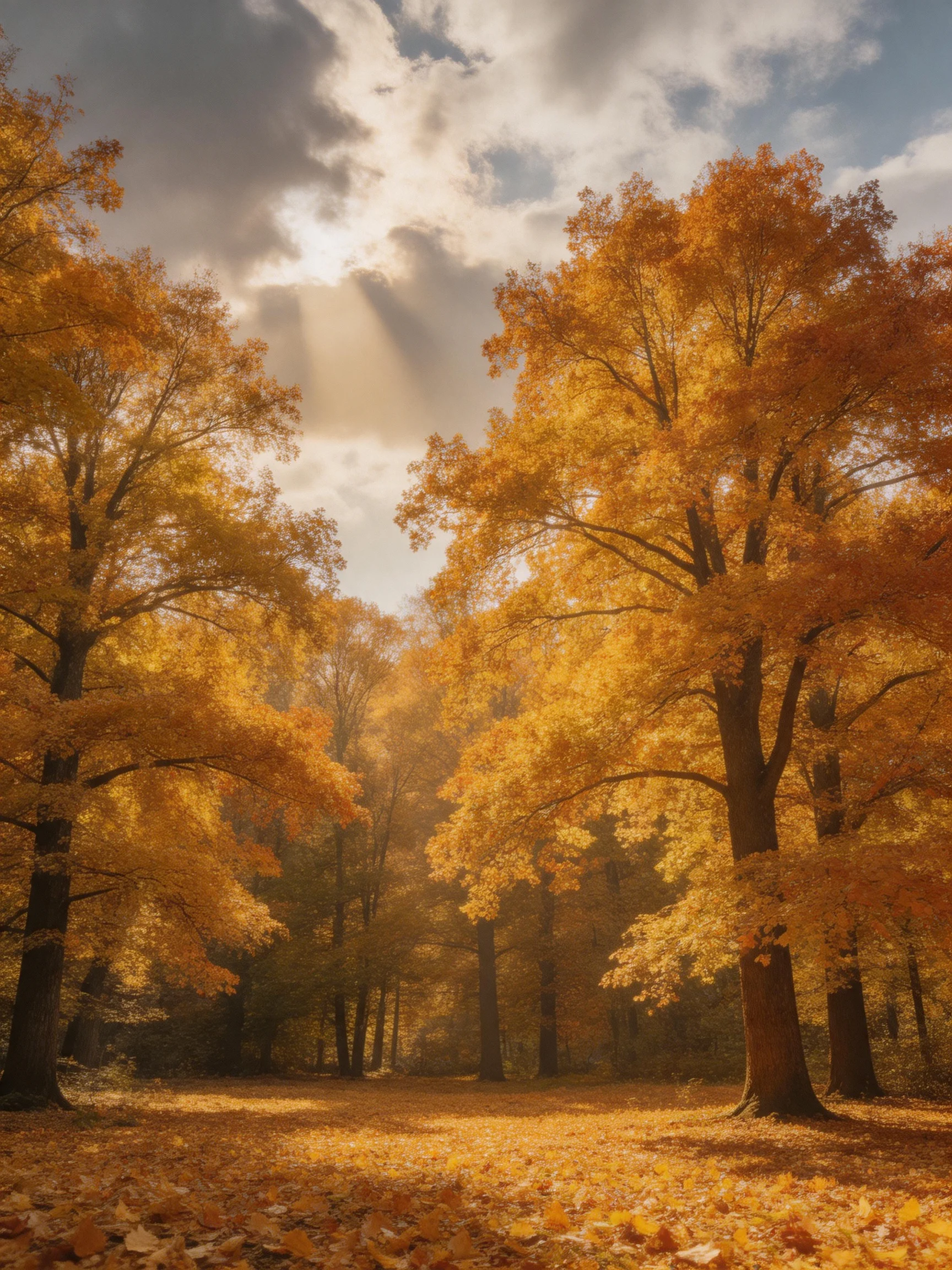 Golden Autumn Forest with Sunbeams Piercing Through Clouds