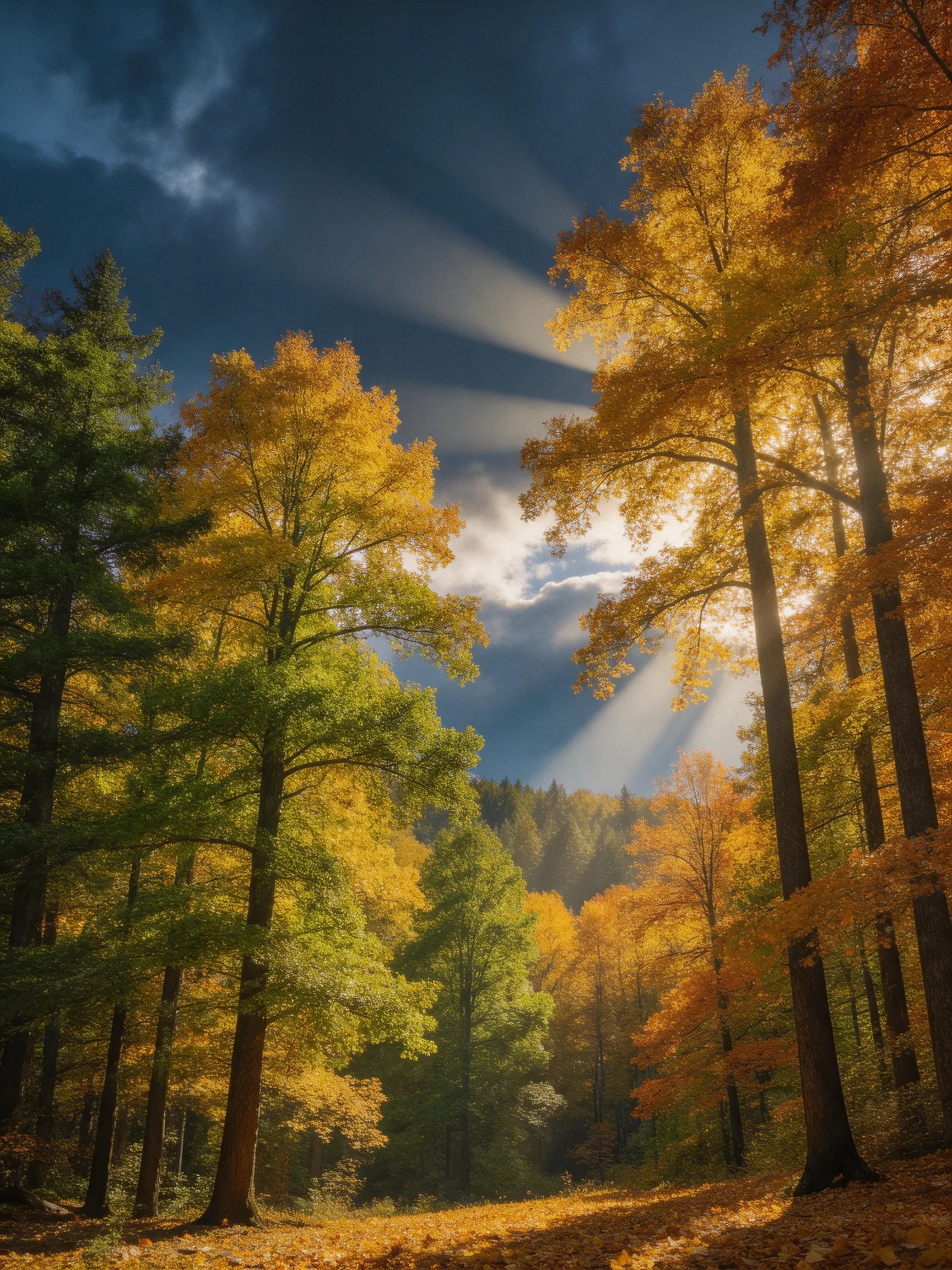 Golden Autumn Forest with Sunbeams Through Dark Clouds