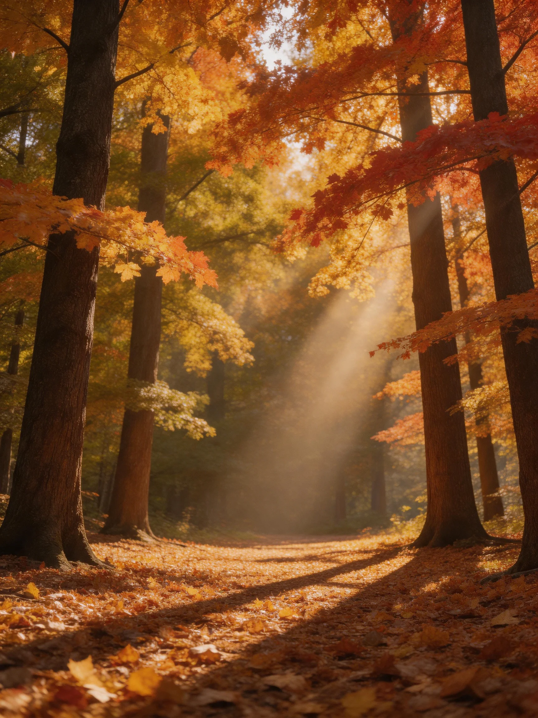 Golden Autumn Forest with Sunbeams Through Maple Trees