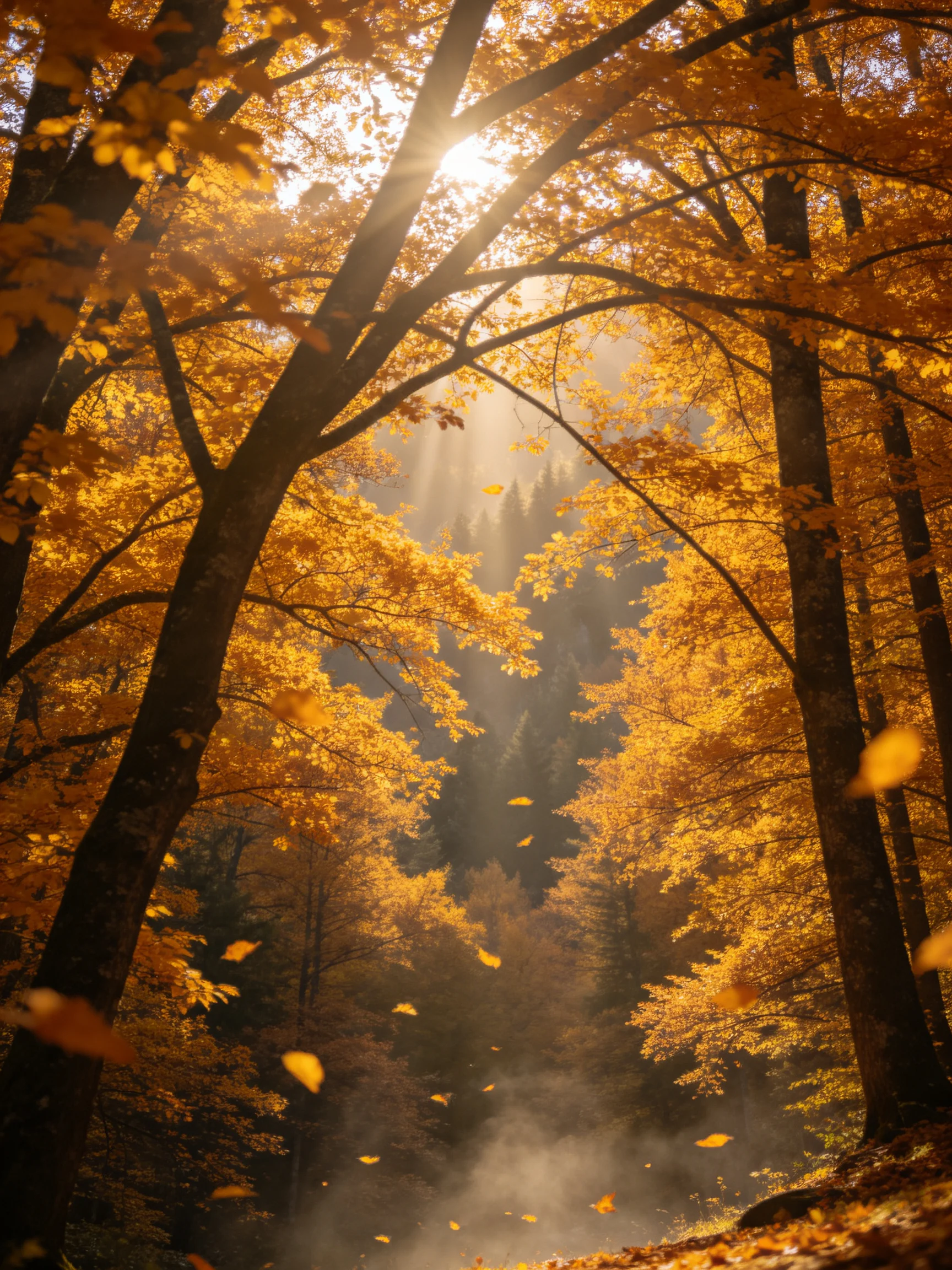 Golden Autumn Forest with Sunbeams and Falling Leaves