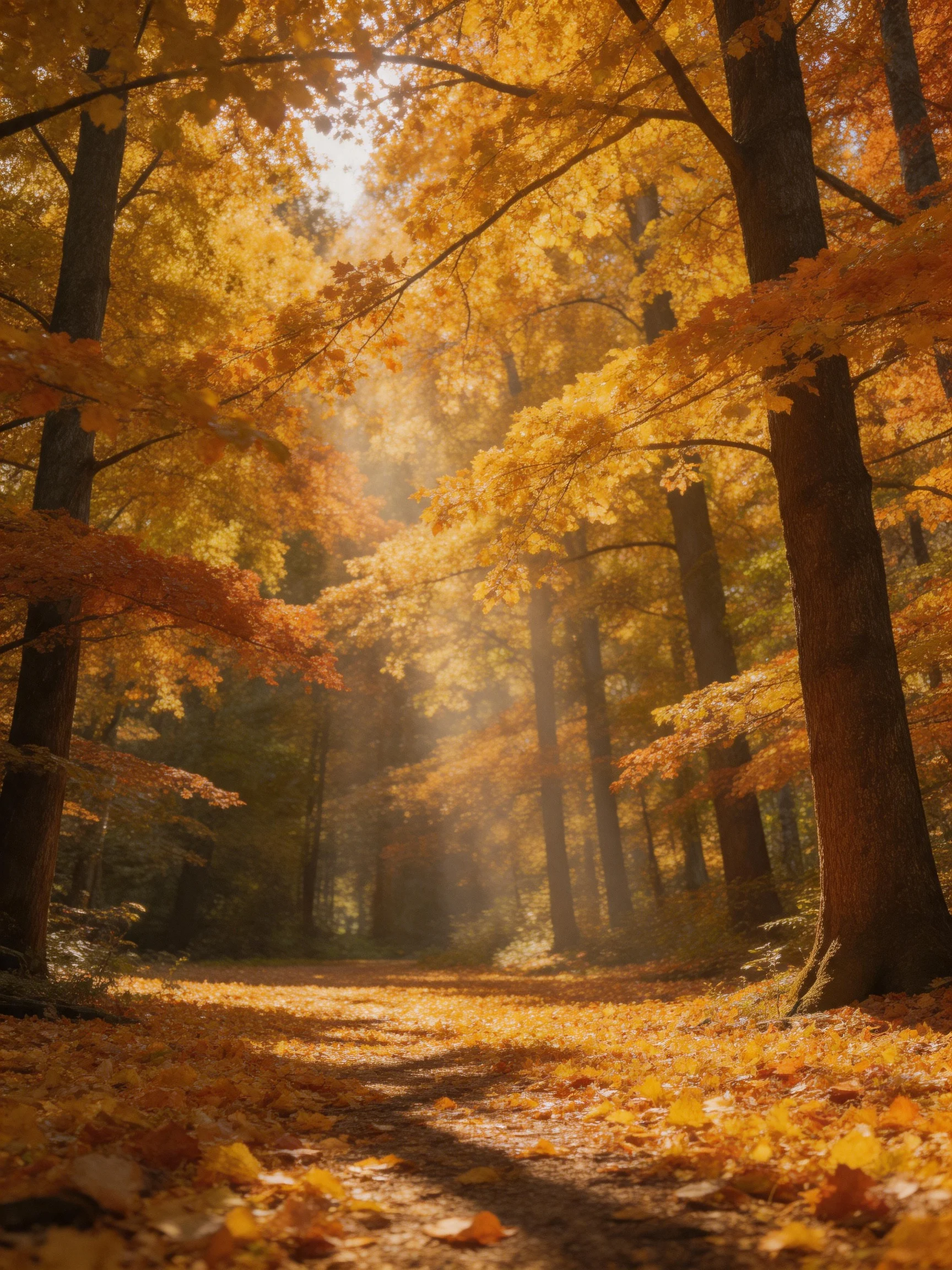Golden Autumn Forest with Sunbeams and Leaf-Covered Path