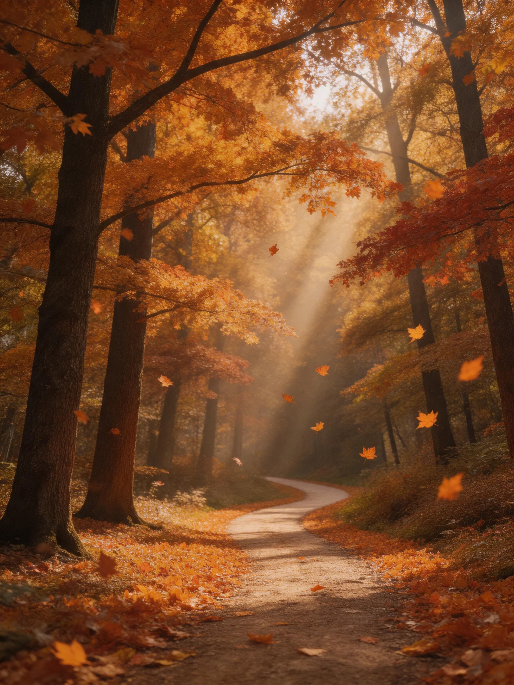 Golden Autumn Forest with Sunbeams and Leaf-Strewn Path