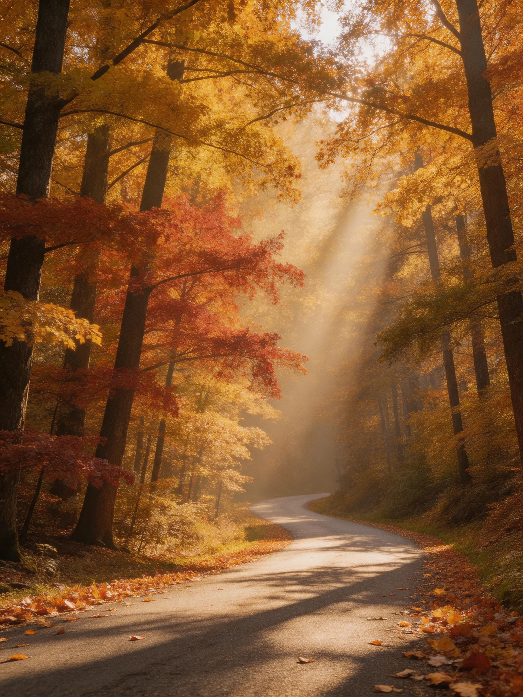 Golden Autumn Forest with Sunbeams and Winding Road